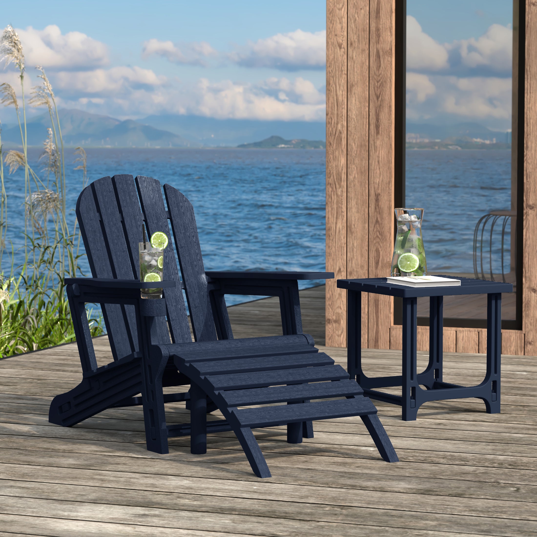 Cayman 3-Piece HDPE Outdoor Patio Adirondack Chair with Ottoman and 18" Side Table Set