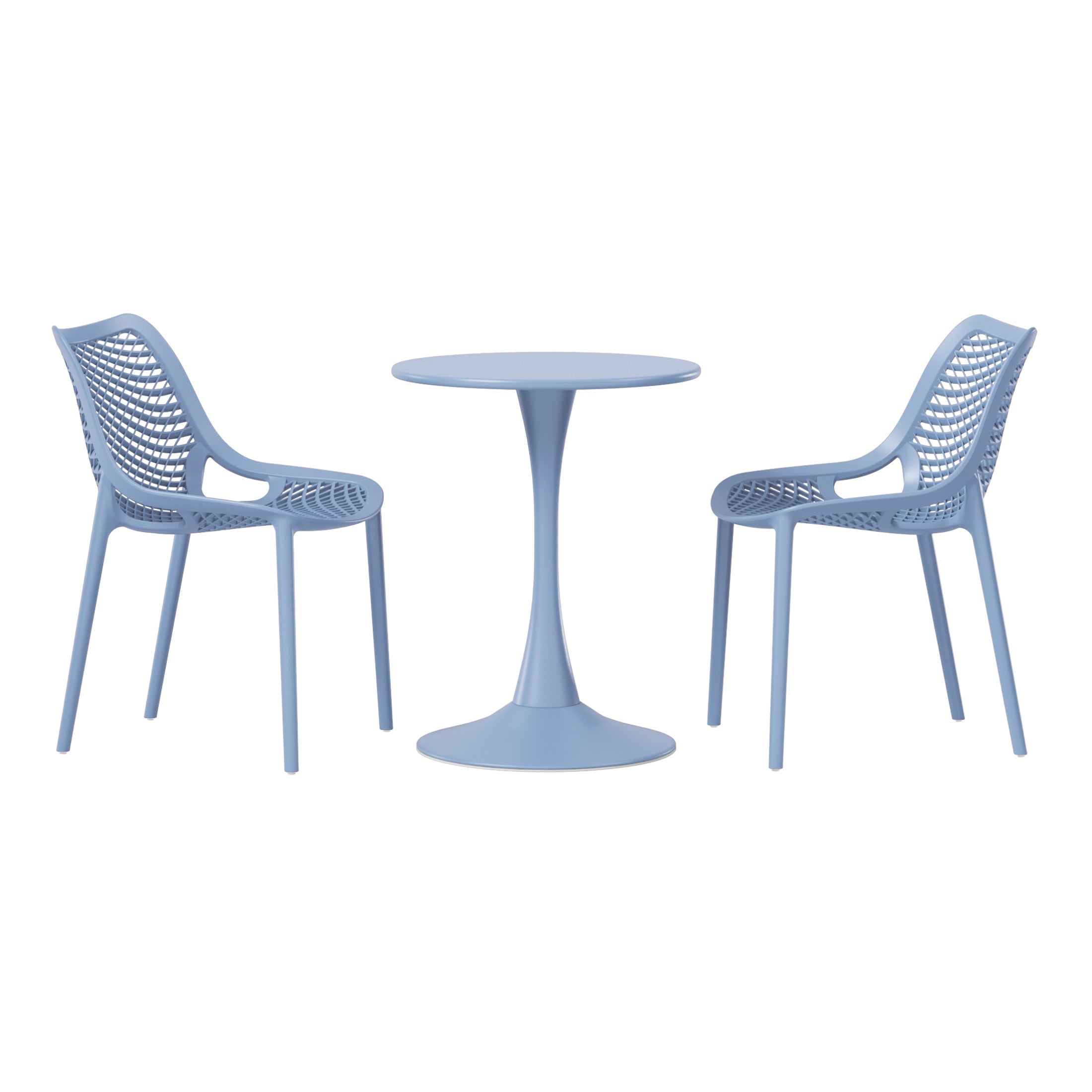 Sunshine 3-Piece Outdoor Round Metal Dining Table Set And Stackable Resin Patio Dining Side Chairs