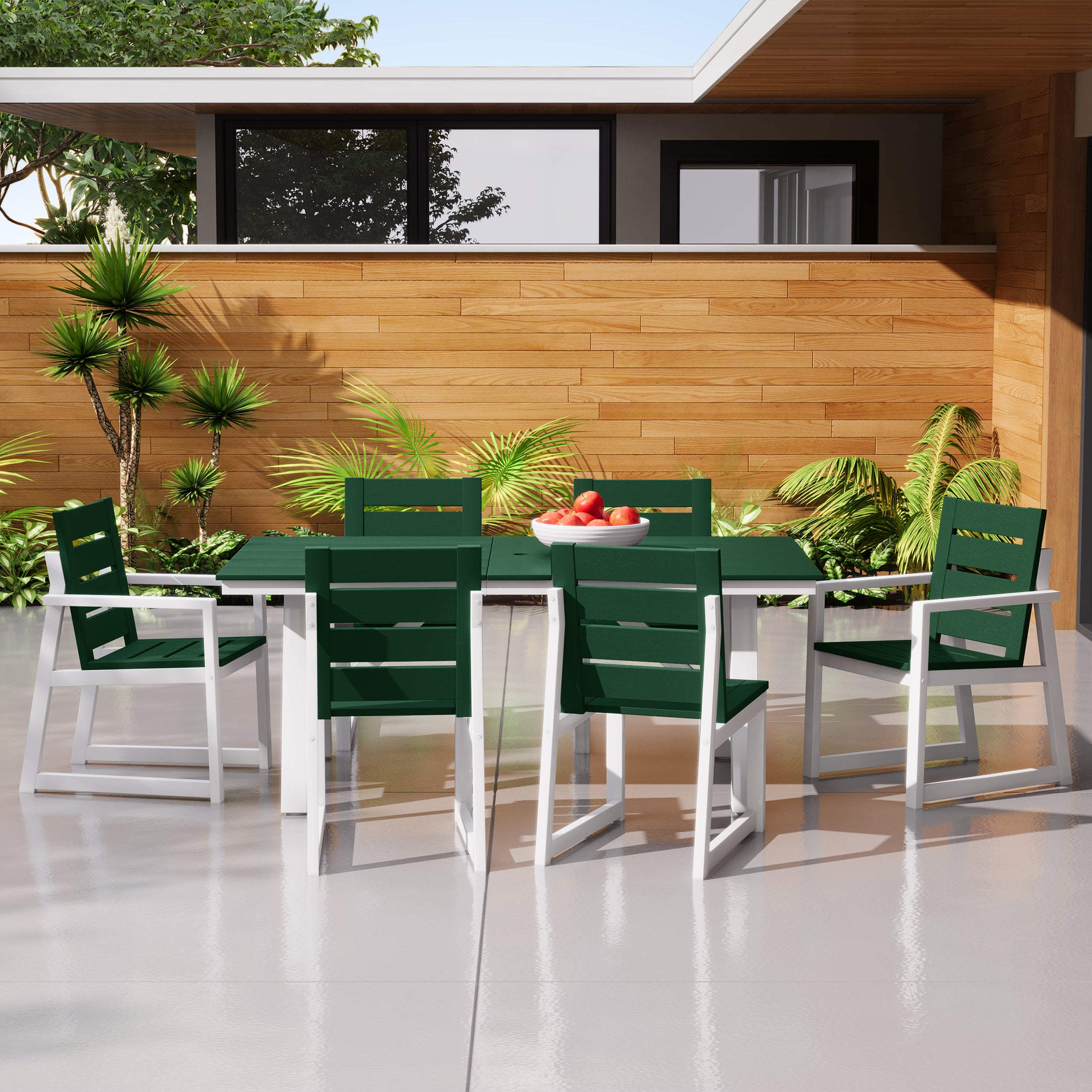 Stinson 7-Piece HDPE Outdoor Furniture Patio Dining Table With Umbrella Hole and Chairs Set For 6