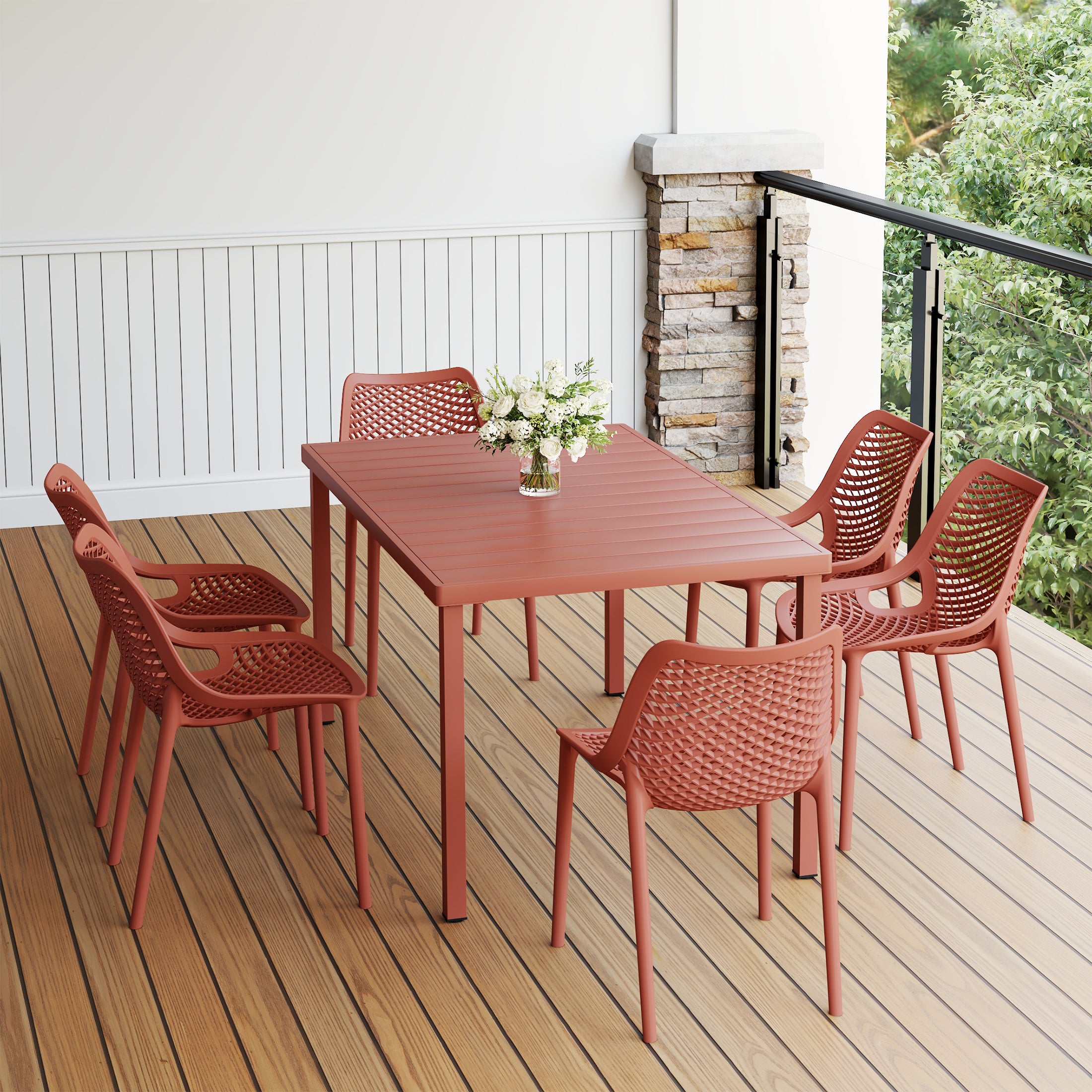 Sunshine 7-Piece Outdoor Metal Patio Dining Table Set With Stackable Patio Chairs
