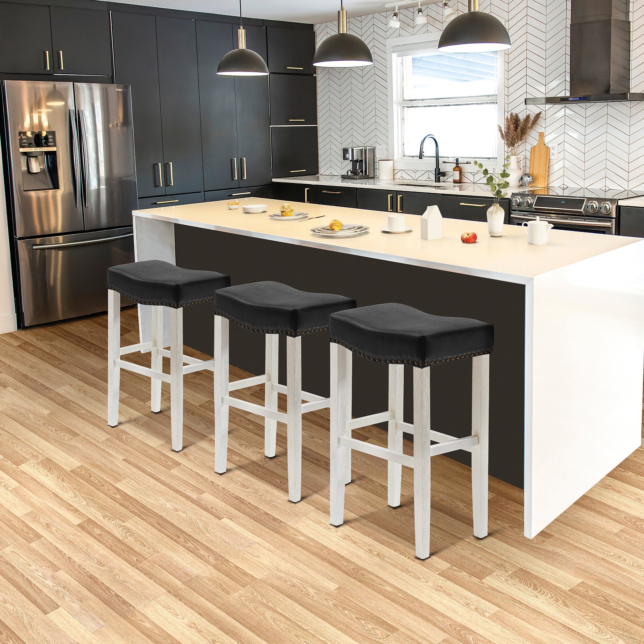 Bulmon 29" Upholstered Saddle Seat Antique White Bar Stool (Set of 3)