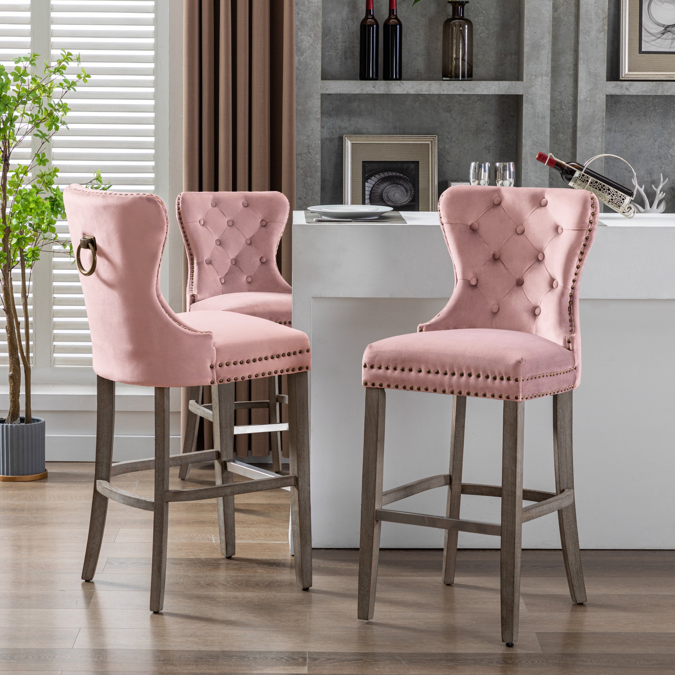 Hank 29" Tufted Velvet Bar Stool (Set of 3), Antique Gray