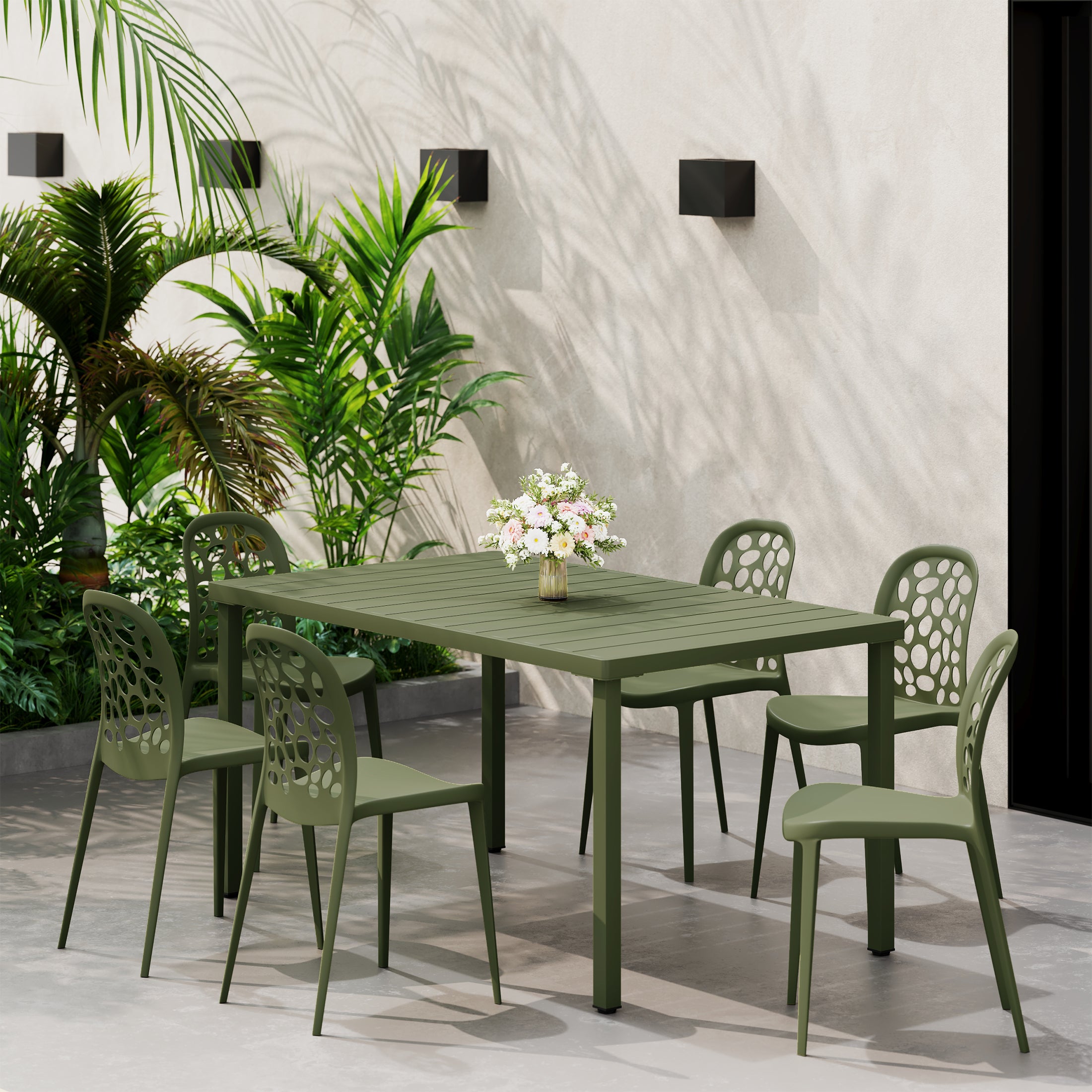 Sunshine 7-Piece Outdoor Metal Rectangle Patio Dining Table Set With Stackable Patio Dining Side Chairs