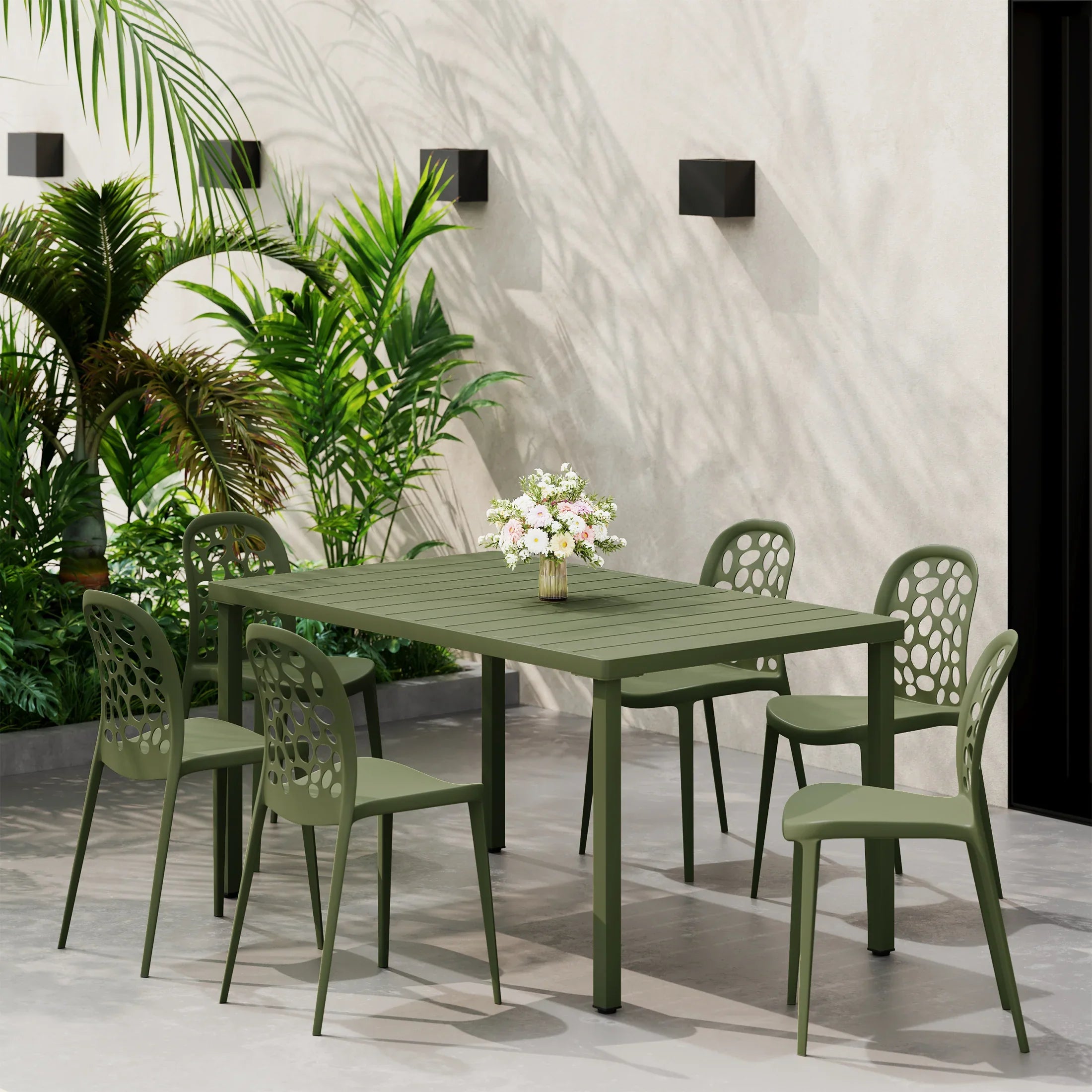 Sunshine 7-Piece Outdoor Metal Rectangle Patio Dining Table Set With Stackable Patio Dining Side Chairs