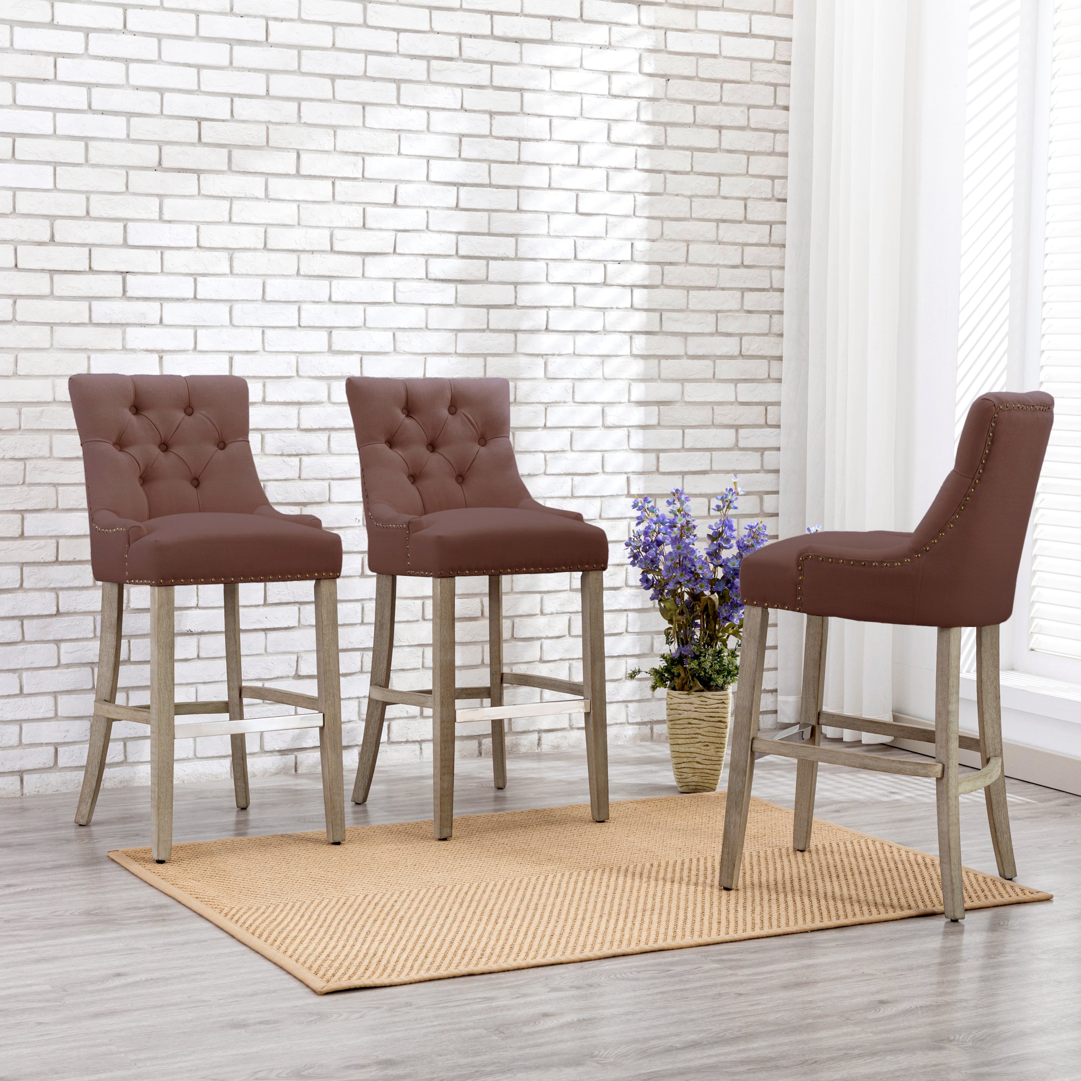 Bellmount 29" Upholstered Wood Bar Stool with Tufted Back (Set of 3)