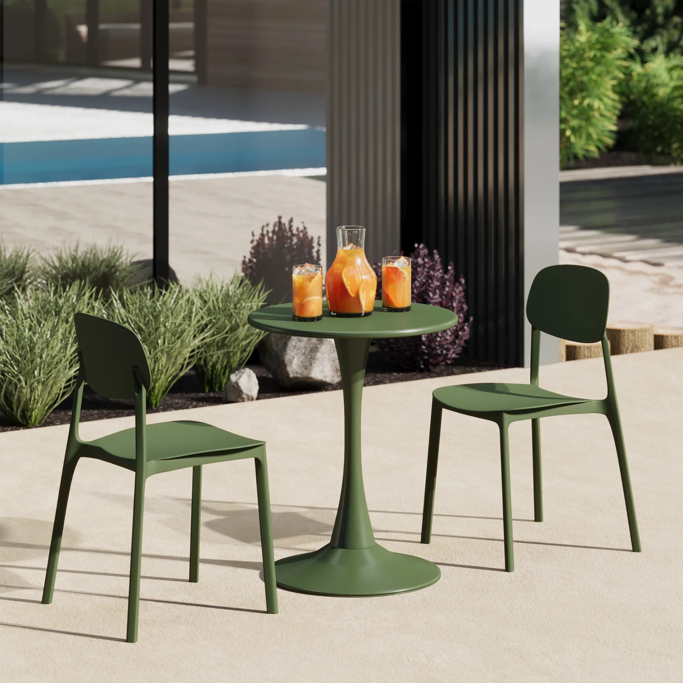 Sunshine 3-Piece Outdoor Round Metal Patio Dining Table Set With Stackable Resin Patio Side Chairs