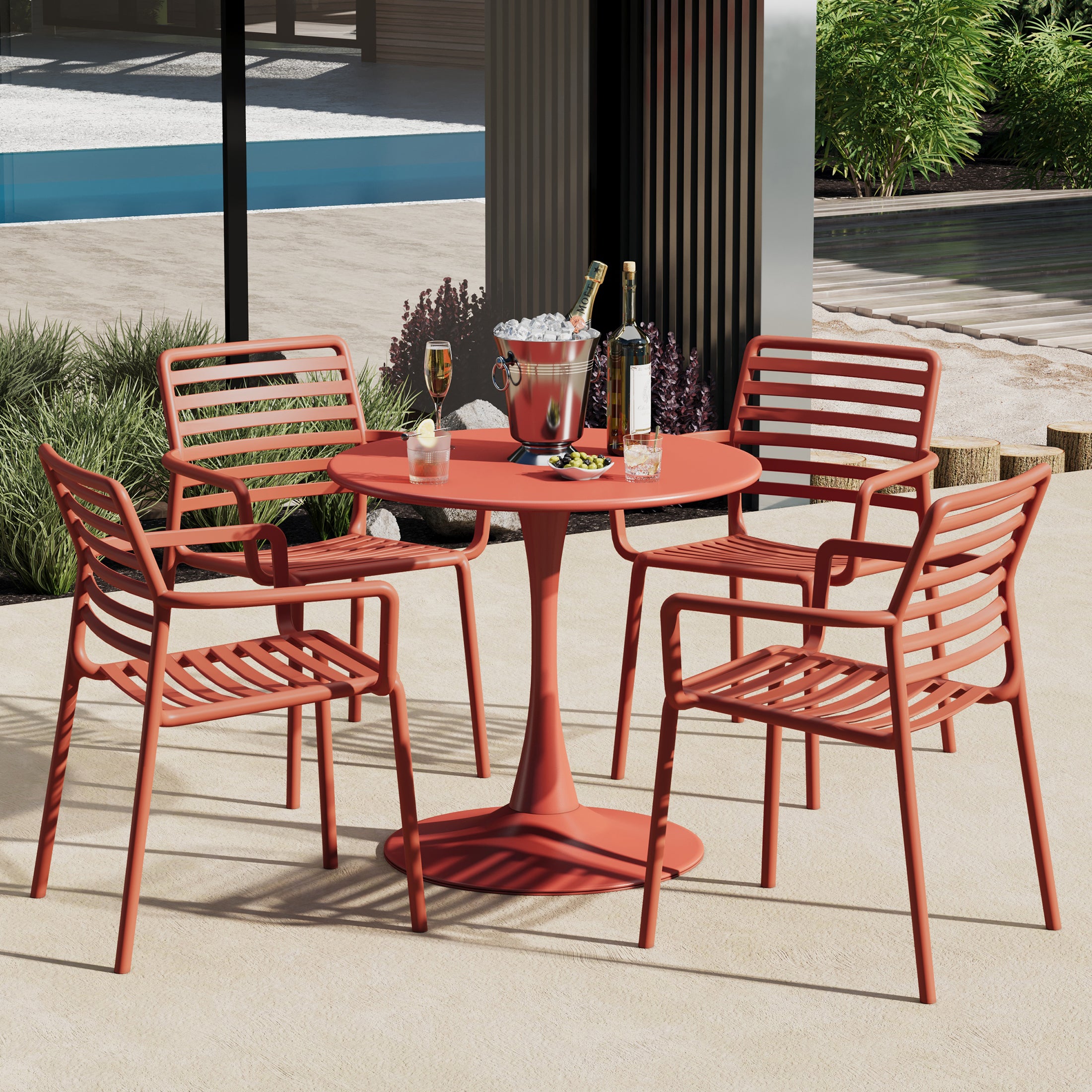 Sunshine 5-Piece Indoor Outdoor Metal Patio Dining Table Set With Stackable Plastic Patio Arm Chairs