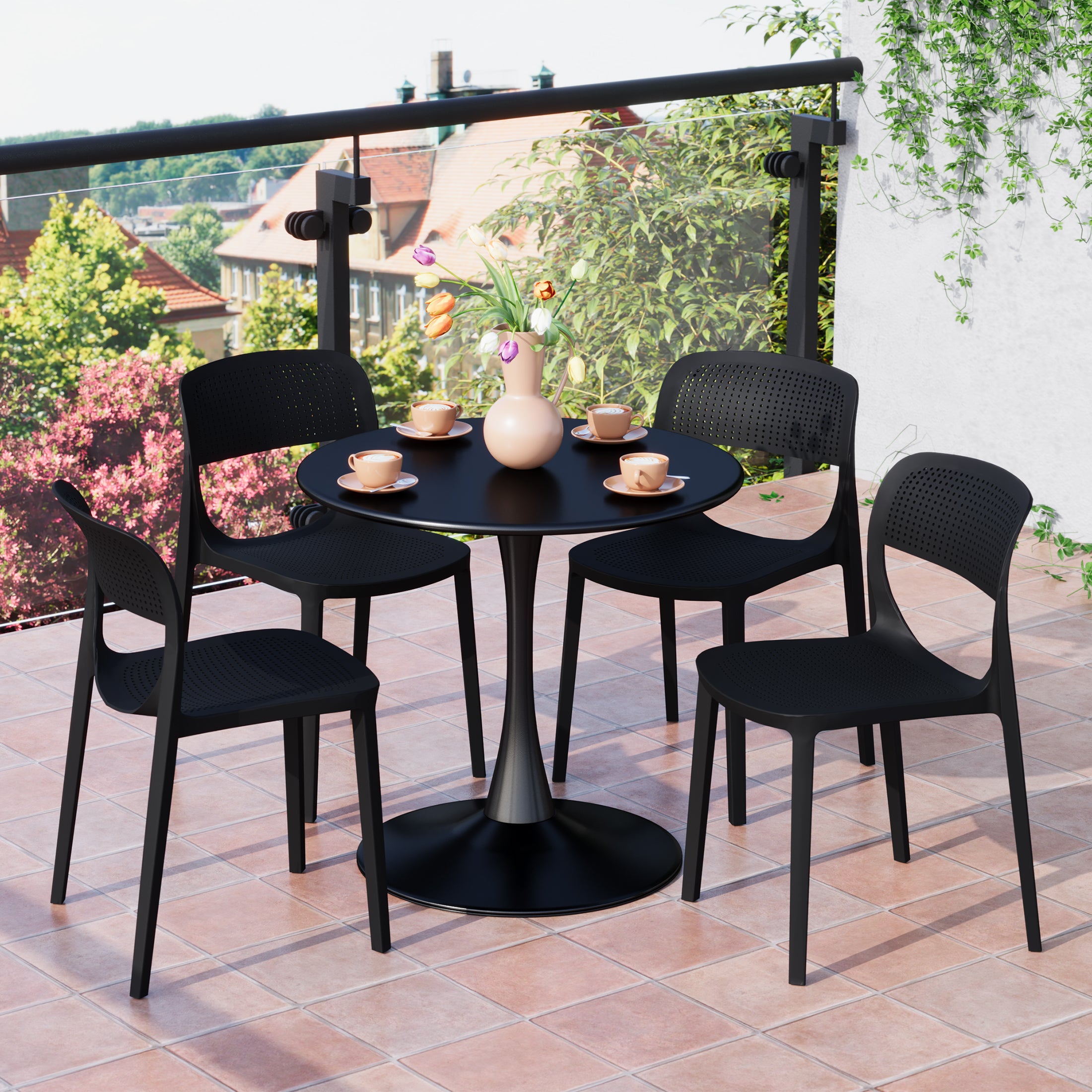 Sunshine 5-Piece Round Metal Bistro Dining Table Set And Stackable Resin Patio Dining Side Chairs