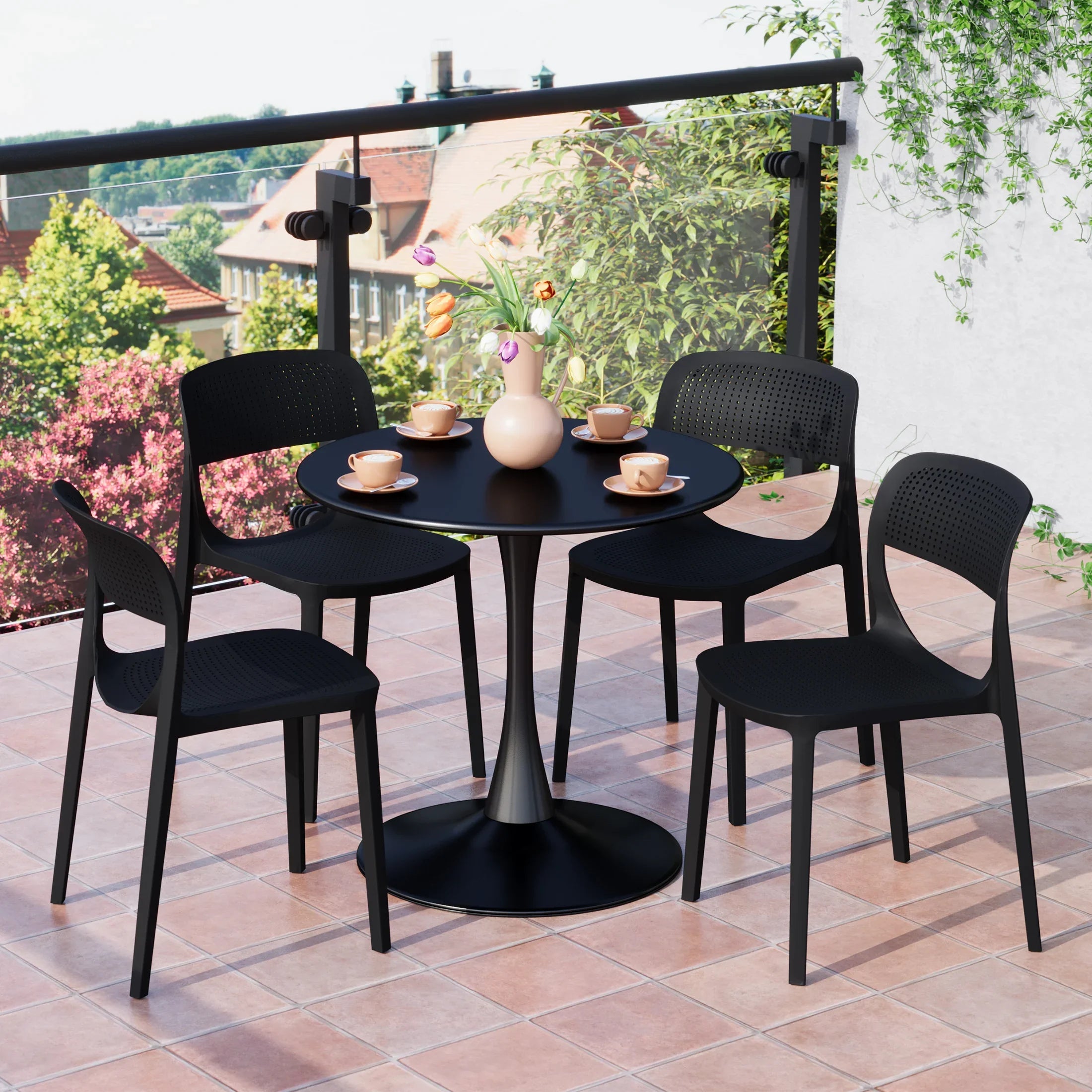 Sunshine 5-Piece Round Metal Bistro Dining Table Set And Stackable Resin Patio Dining Side Chairs