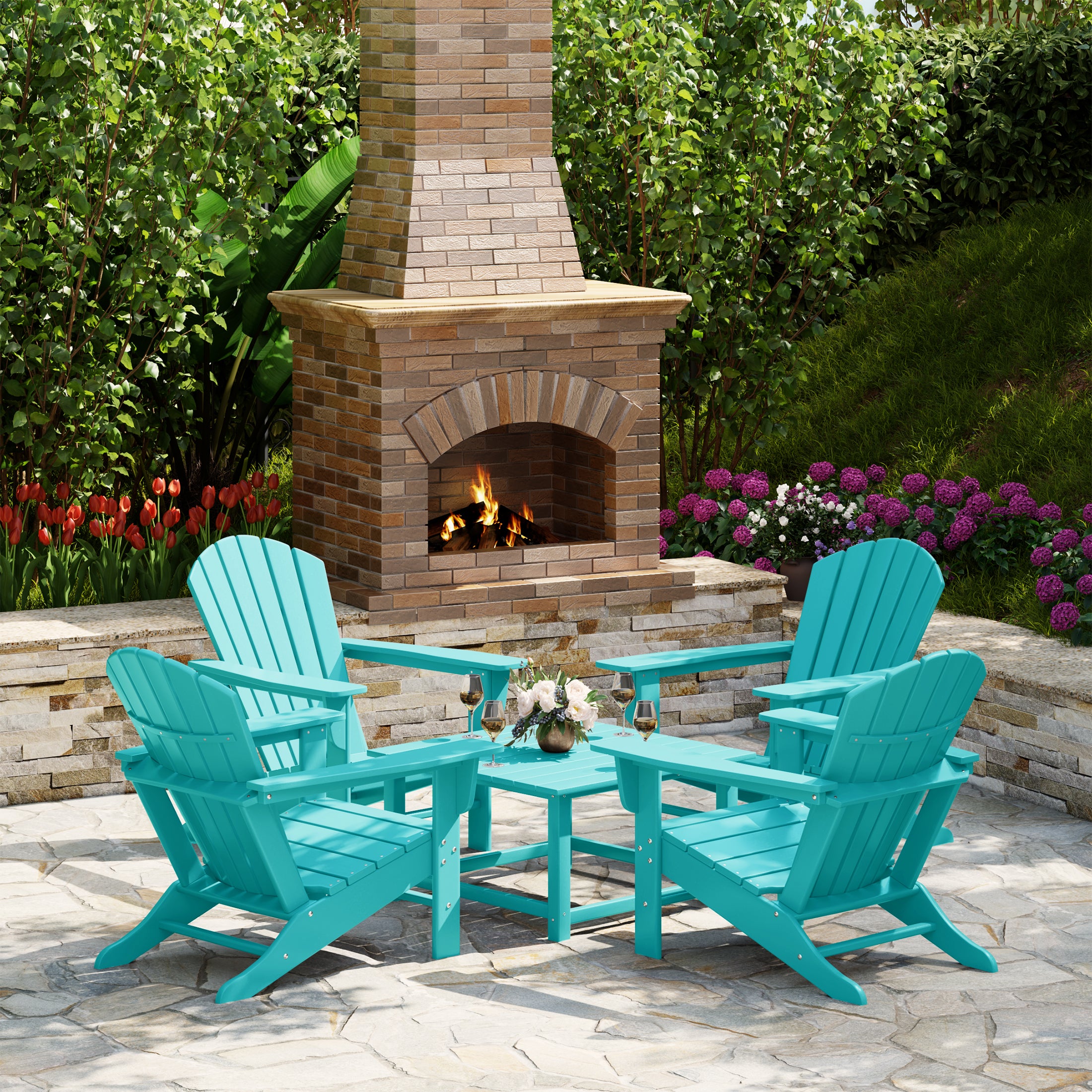 Portside 5-Piece Outdoor Patio HDPE Adirondack Chair With Square Coffee Table Conversation Set