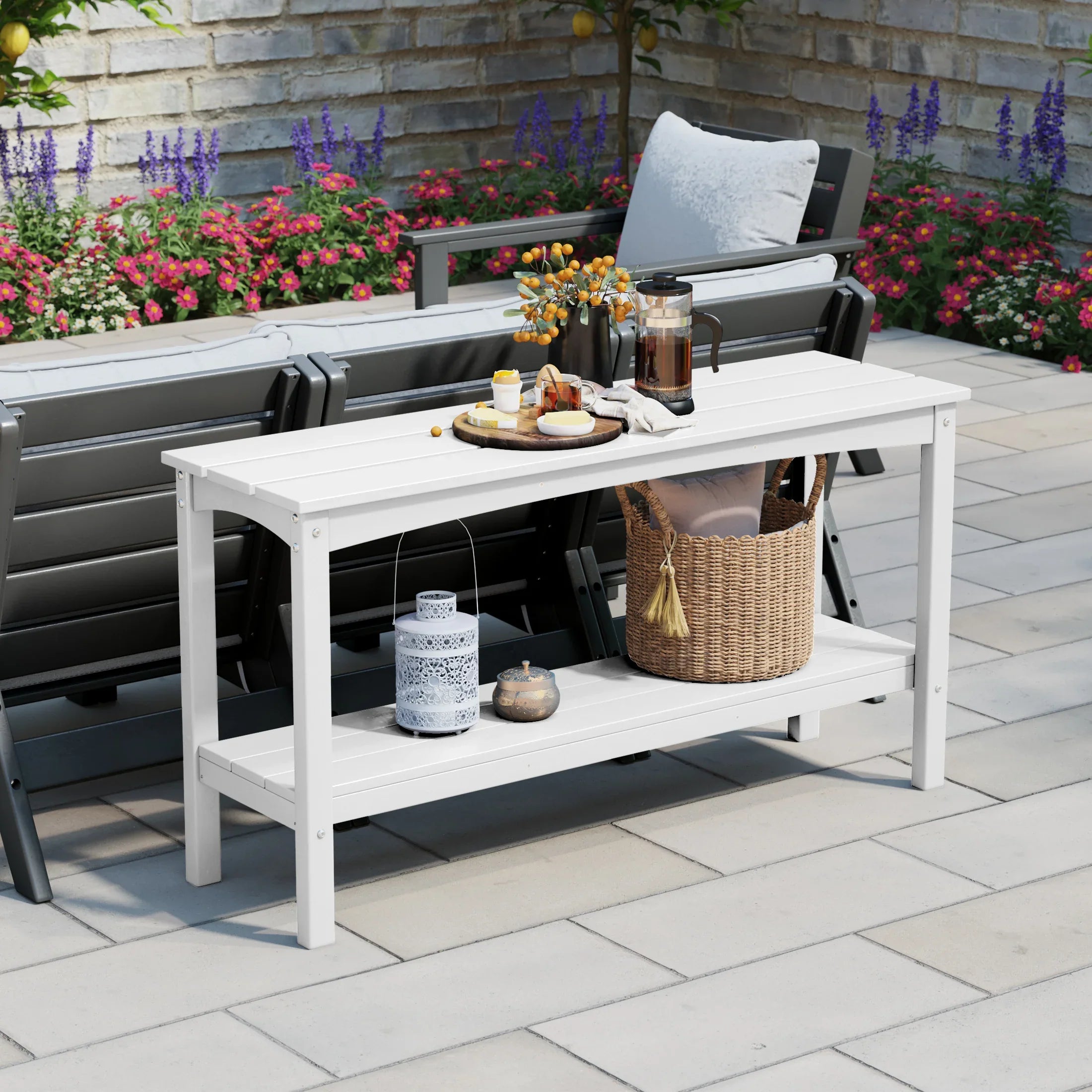 Paradise 55" Outdoor Patio HDPE Adirondack 2-Tier Shelf Console Table