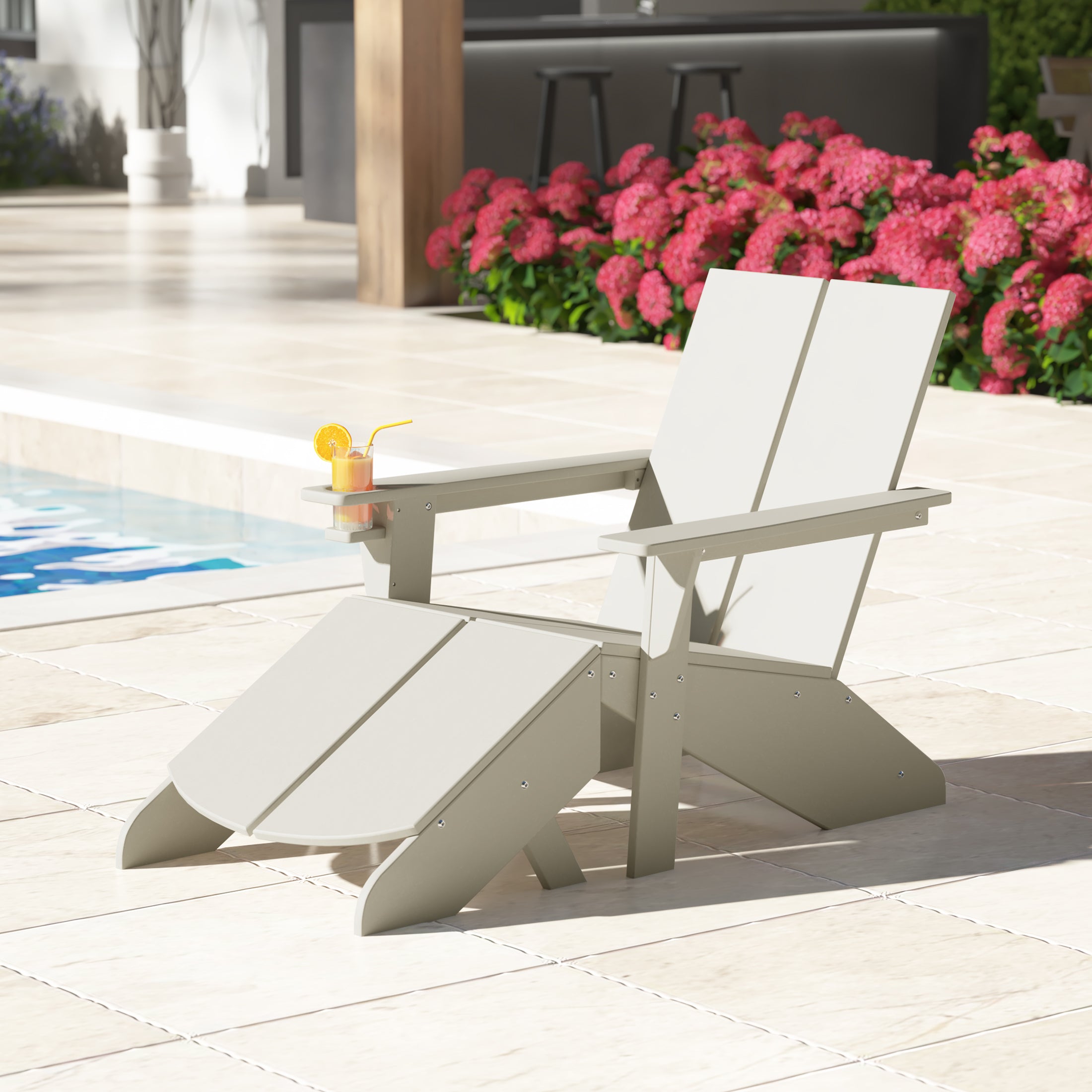 Seaview Outdoor HDPE Modern Adirondack Chair with Folding Patio Ottoman and Cup Holder