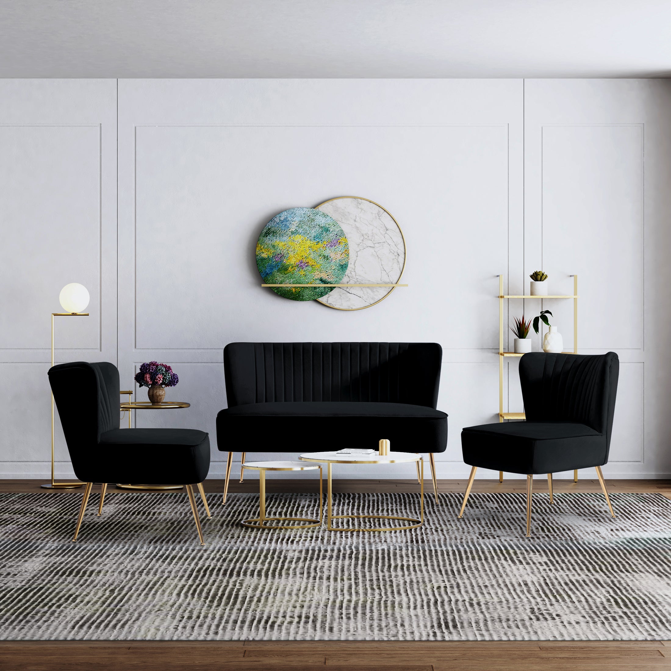 Alaia Mid Century Modern Tufted Velvet Loveseat Sofa and 22" Accent Chair 3-Piece Set