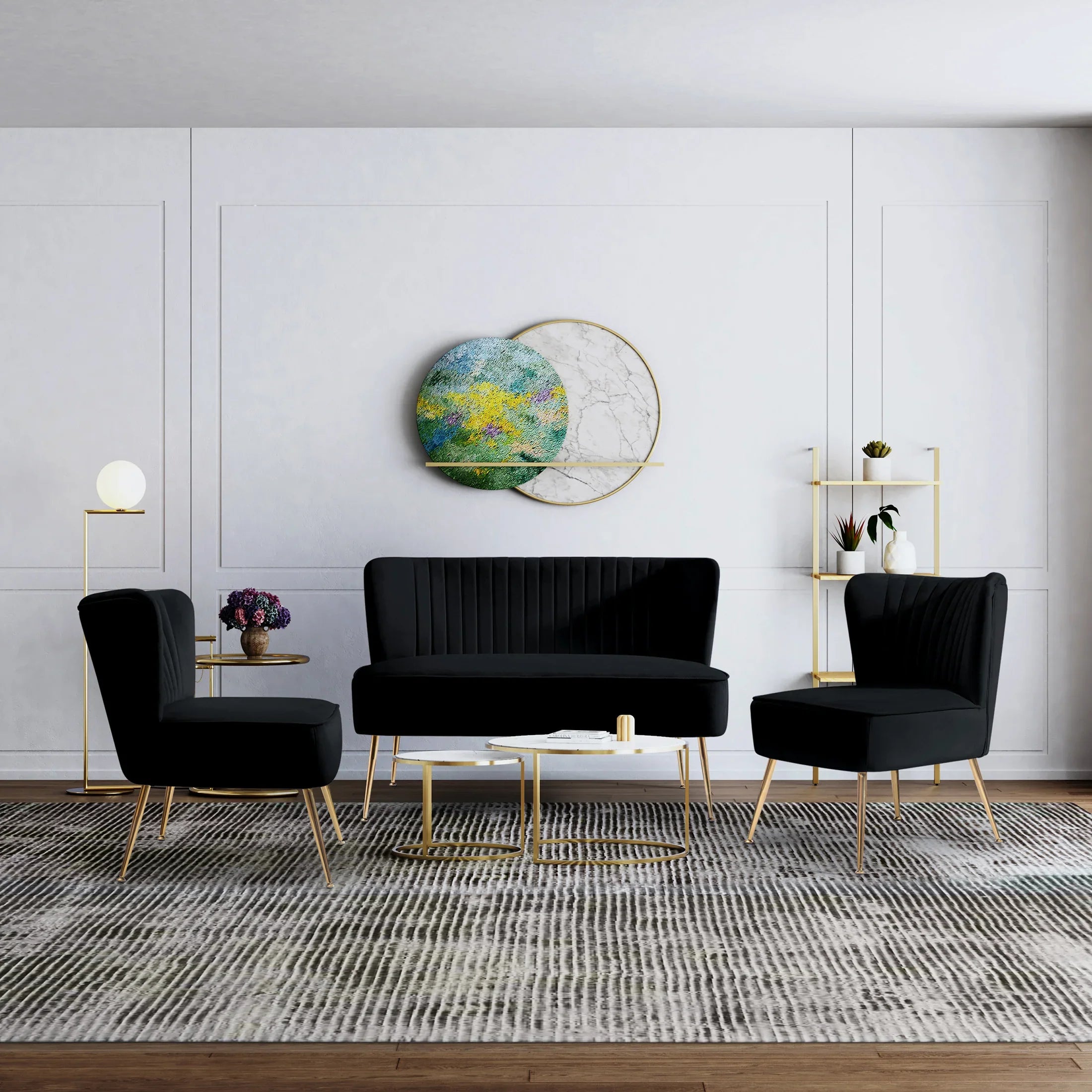 Alaia Mid Century Modern Tufted Velvet Loveseat Sofa and 22" Accent Chair 3-Piece Set