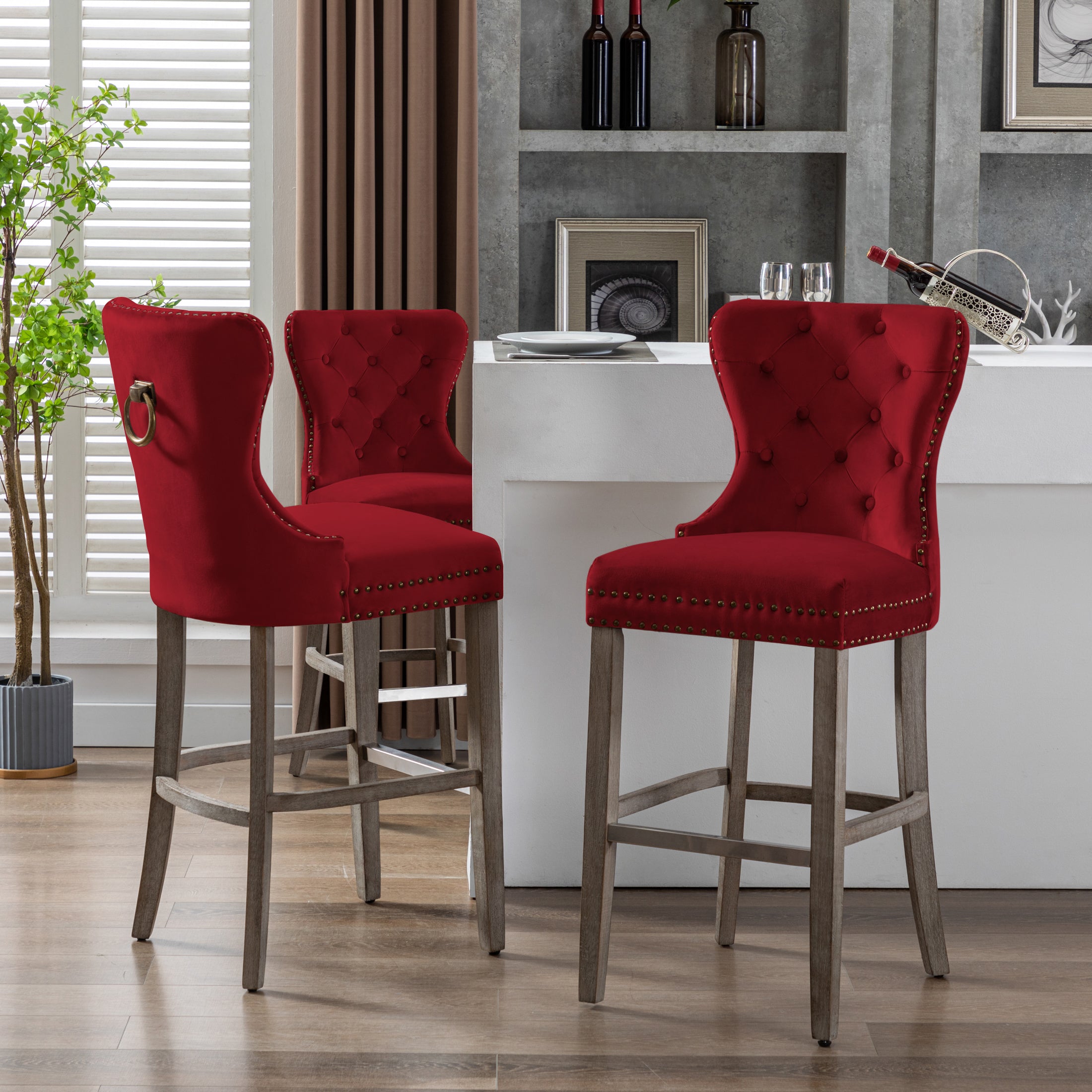 Hank 29" Tufted Velvet Bar Stool (Set of 3), Antique Gray