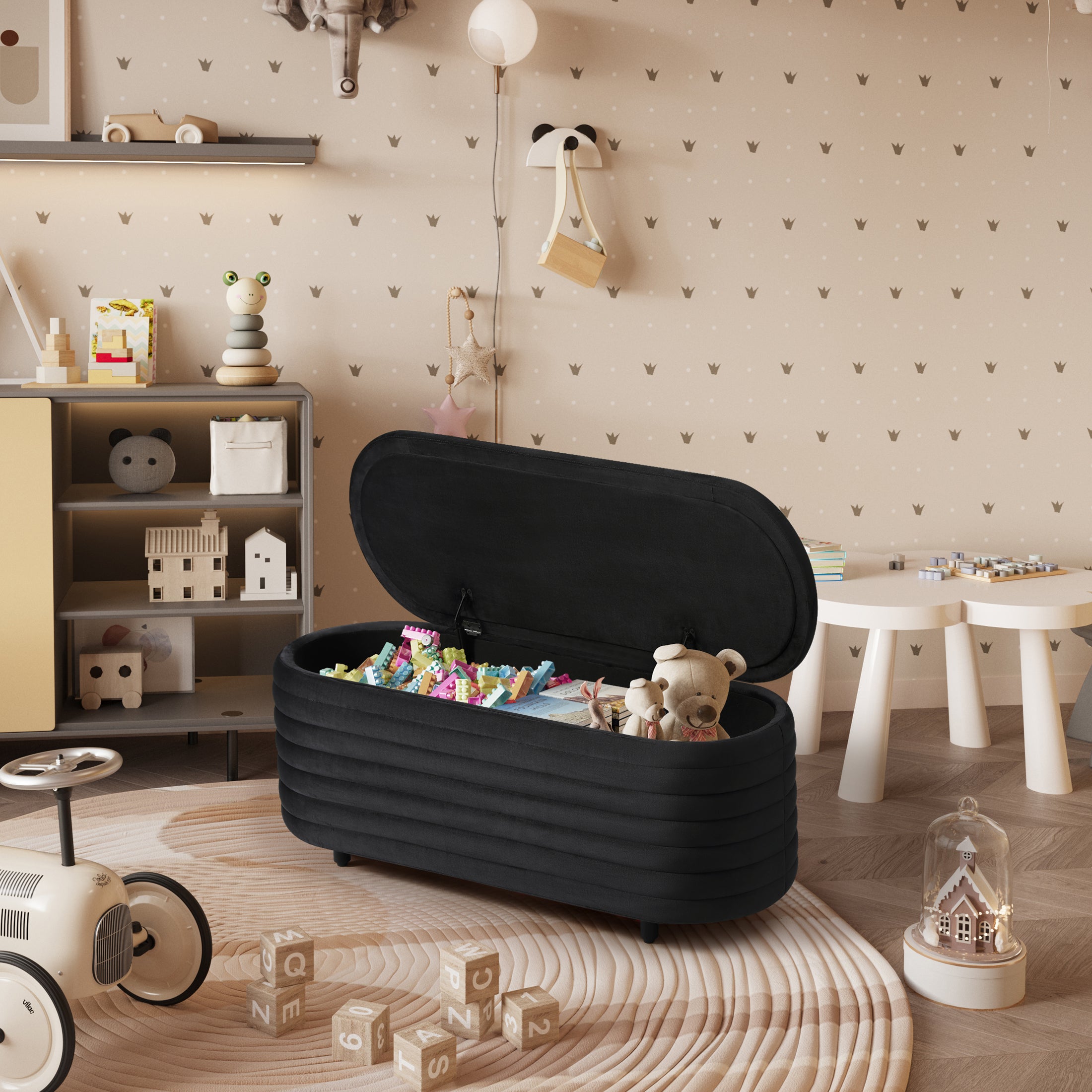 Alaia 42" Wide Mid-Century Modern Upholstered Velvet Tufted Oval Storage Ottoman Bench