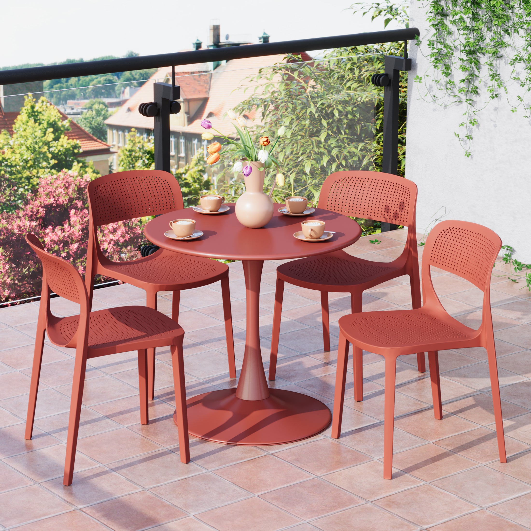 Sunshine 5-Piece Round Metal Bistro Dining Table Set And Stackable Resin Patio Dining Side Chairs