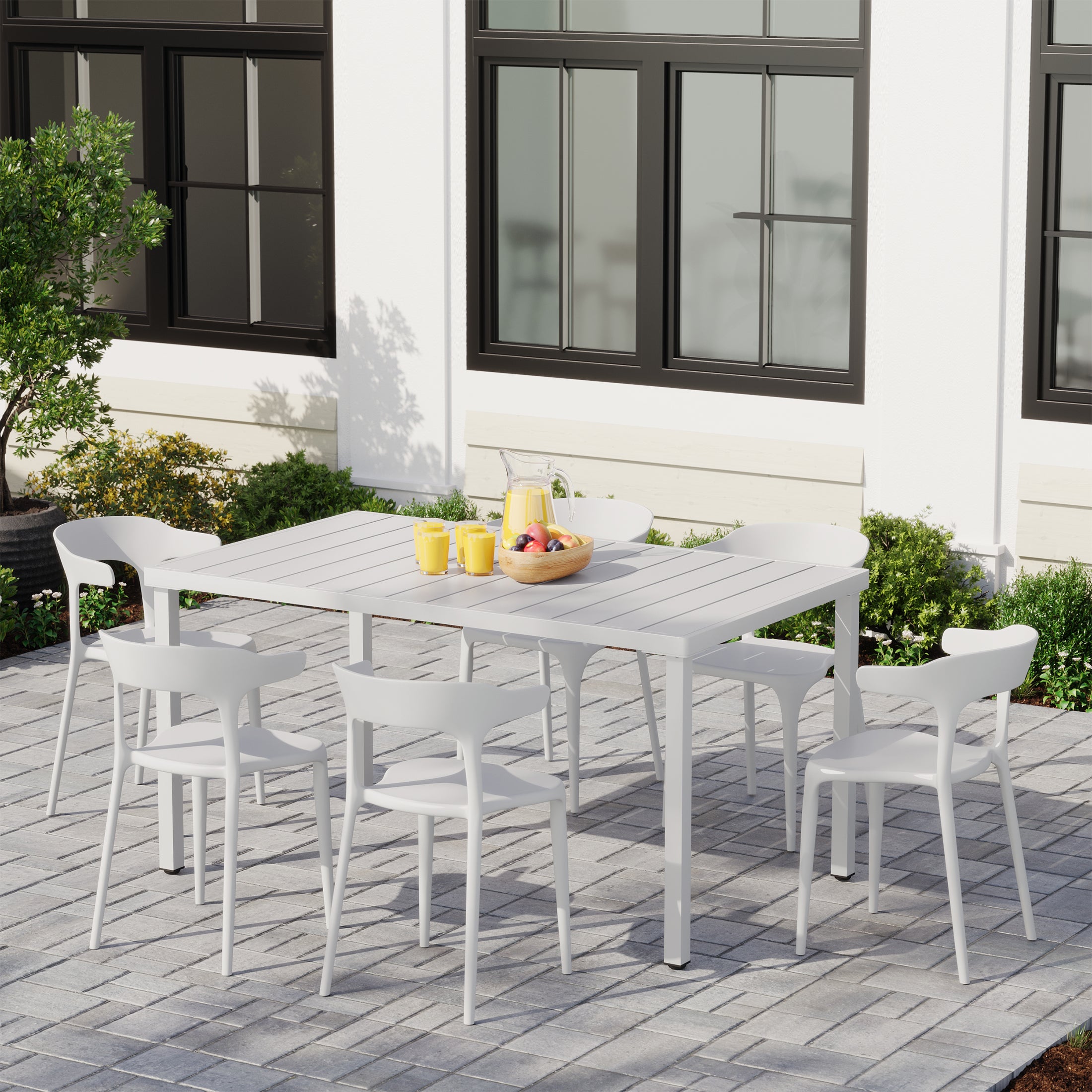 Sunshine 7-Piece Outdoor Metal Rectangle Patio Dining Table Set With Stackable Plastic Dining Chairs For 6