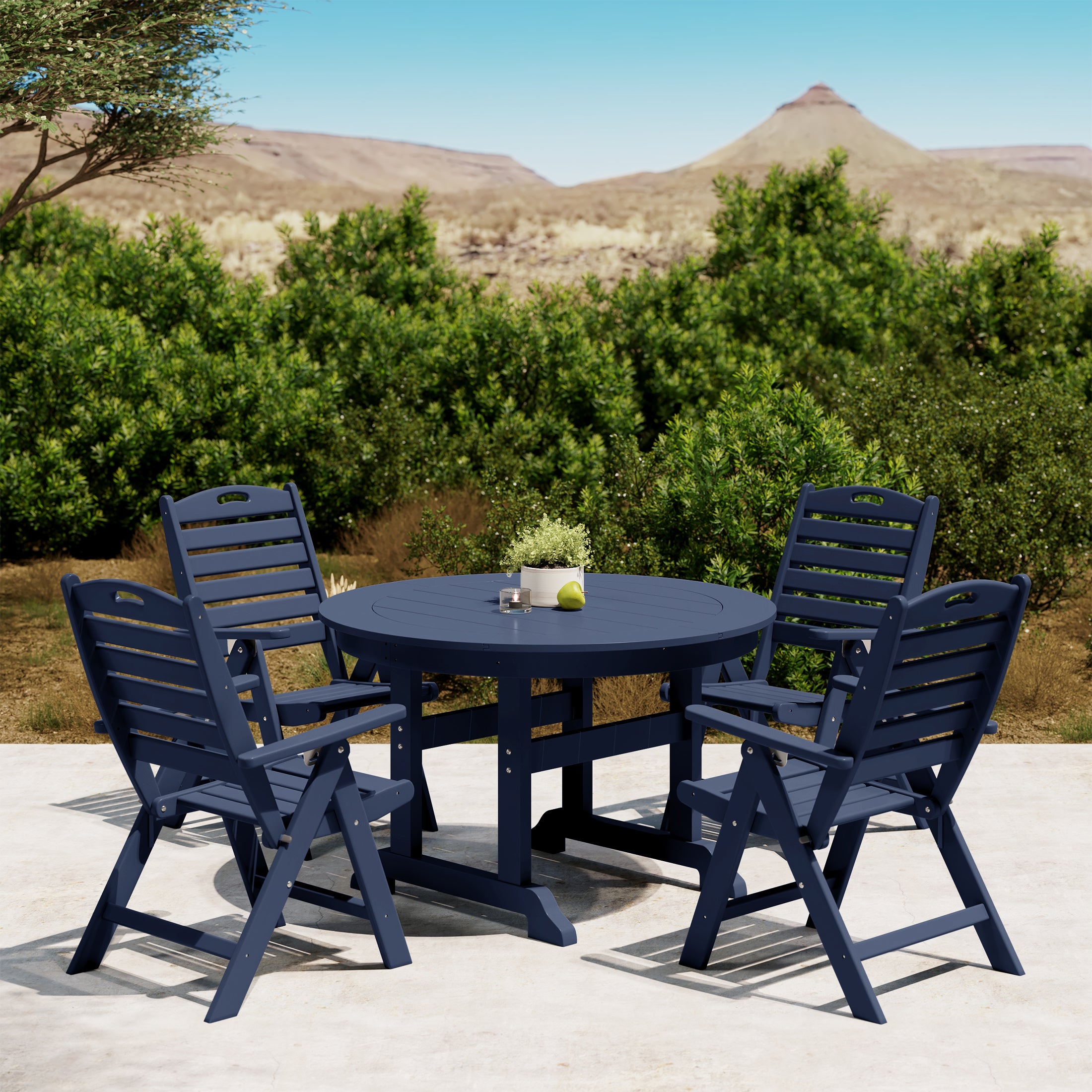 Paradise 5-Piece HDPE Round Patio Dining Table Set with Foldable Chairs