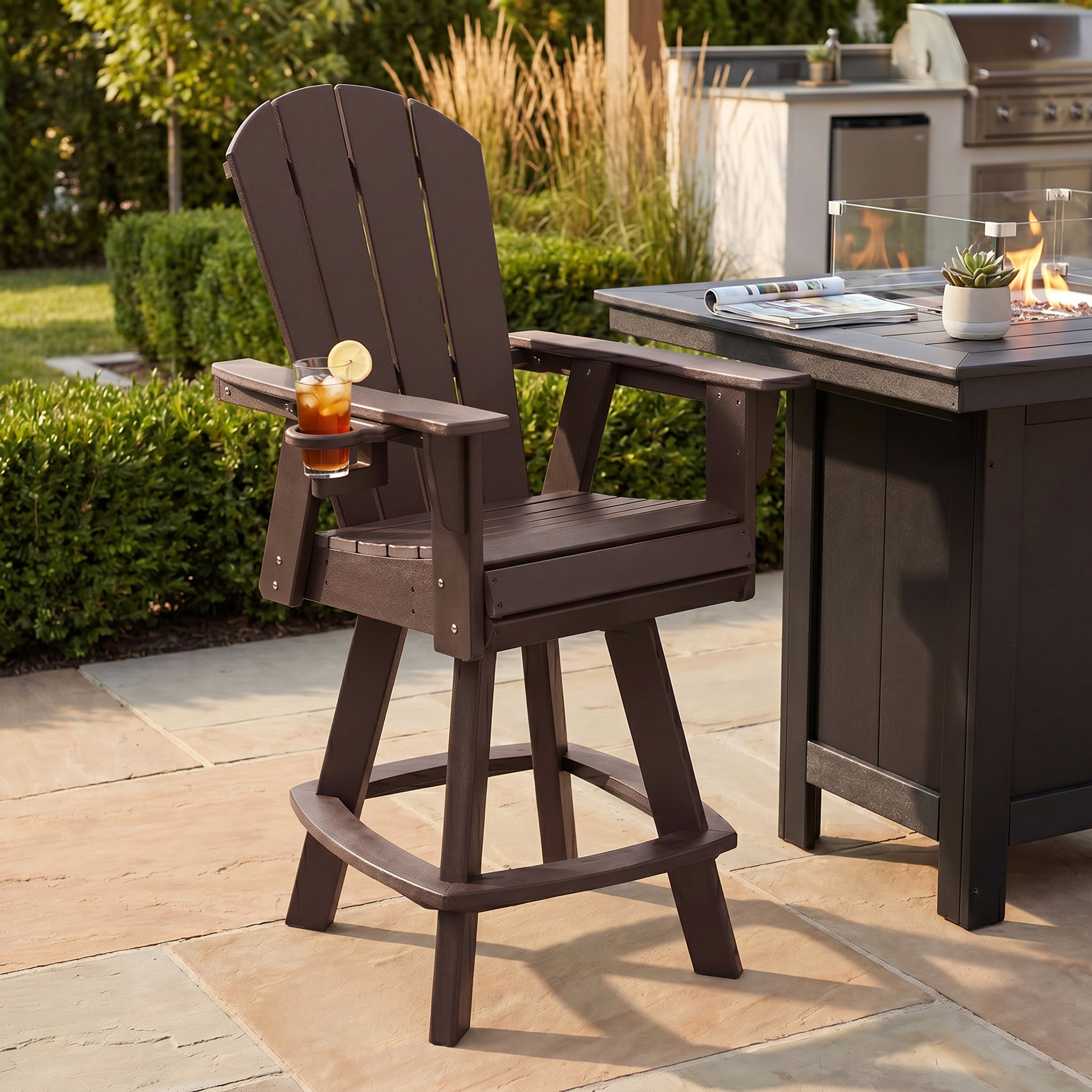 Paradise Outdoor HDPE Swivel Adirondack Bar Height Chair With Cup Holder