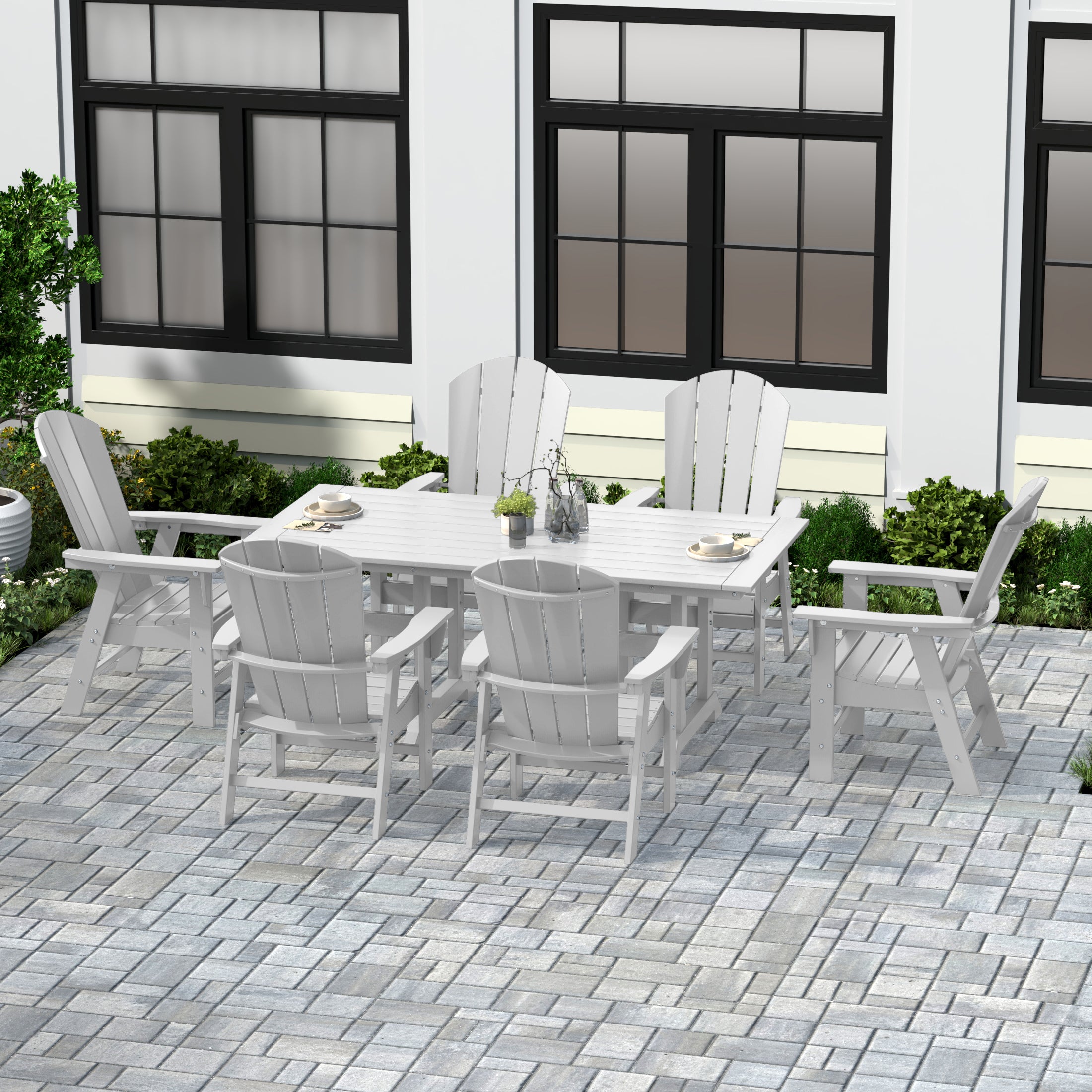 Paradise 7 Piece Outdoor Patio Dining Table and Adirondack Armchair Set
