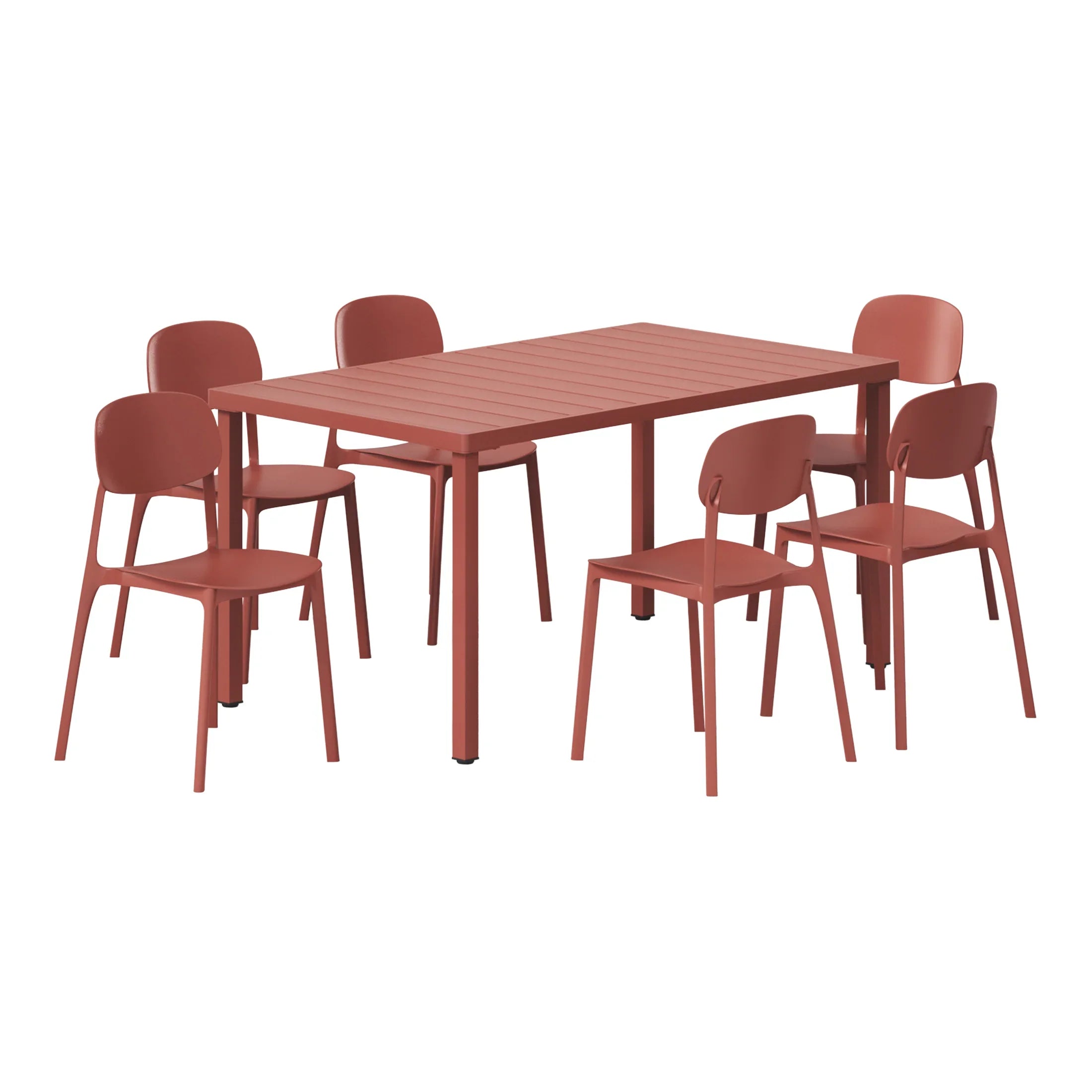 Sunshine 7-Piece Outdoor Rectangular Metal Patio Dining Table Set With Mid-Century Modern Stackable Patio Side Chairs