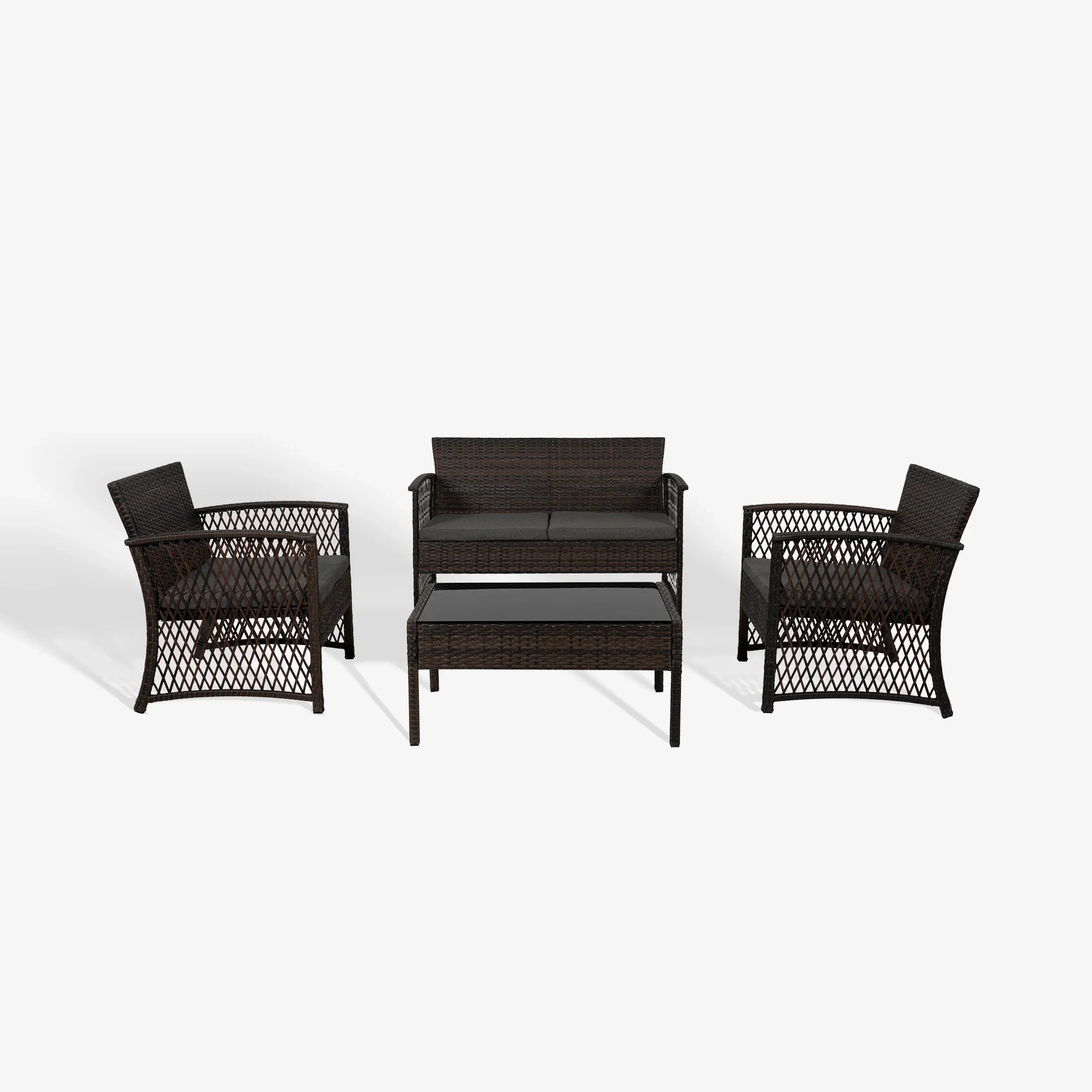 Estela 4-Piece set Coffee color base Outdoor / Patio Woven Rattan Conversation Sofa set with cushions a Coffee table ( 4 seater )