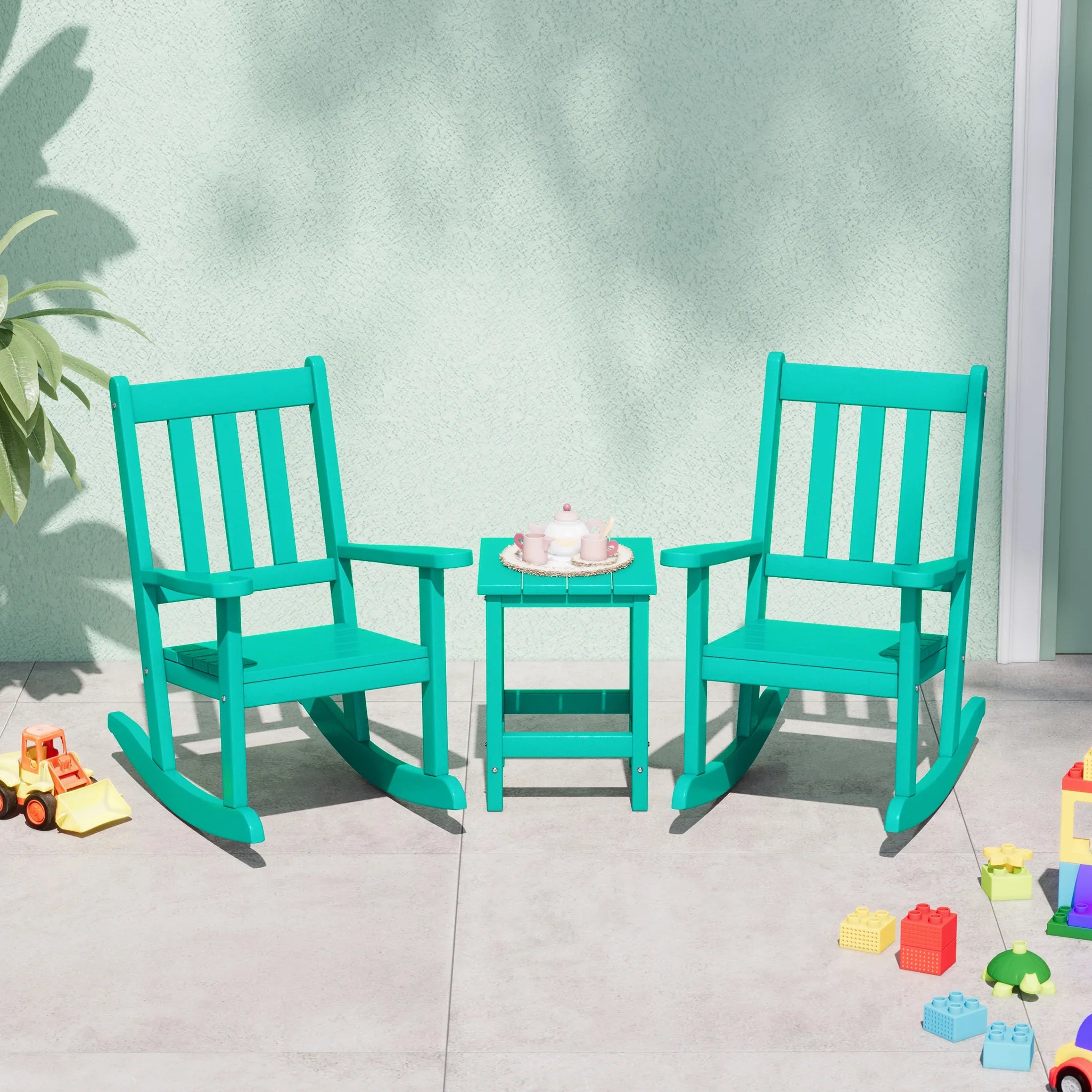Paradise 3-Piece Kids Outdoor Rocking Chairs Set With Kids Square Side Table