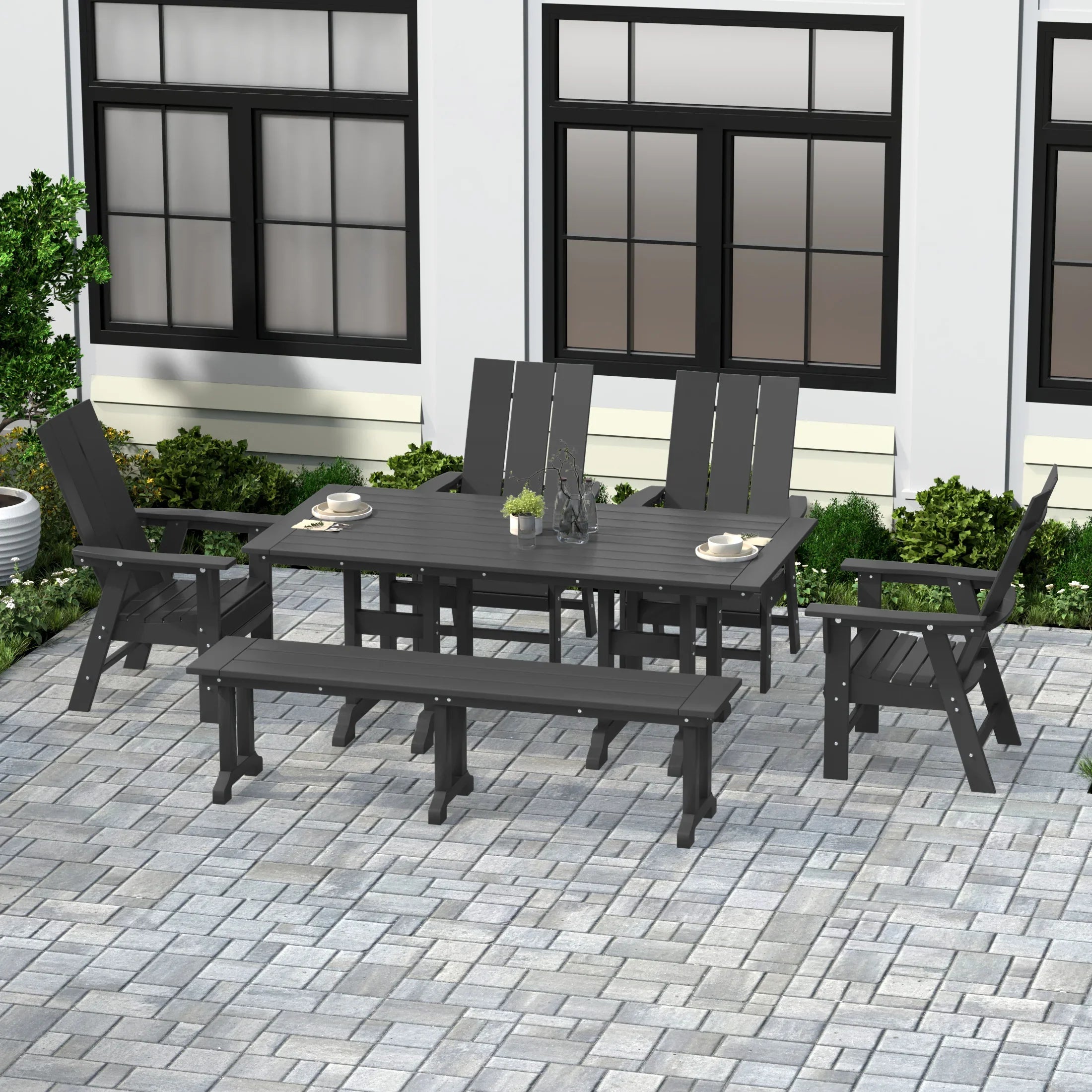 Palms 6 Piece Outdoor Patio Dining Table and Armchair Dining Bench Set