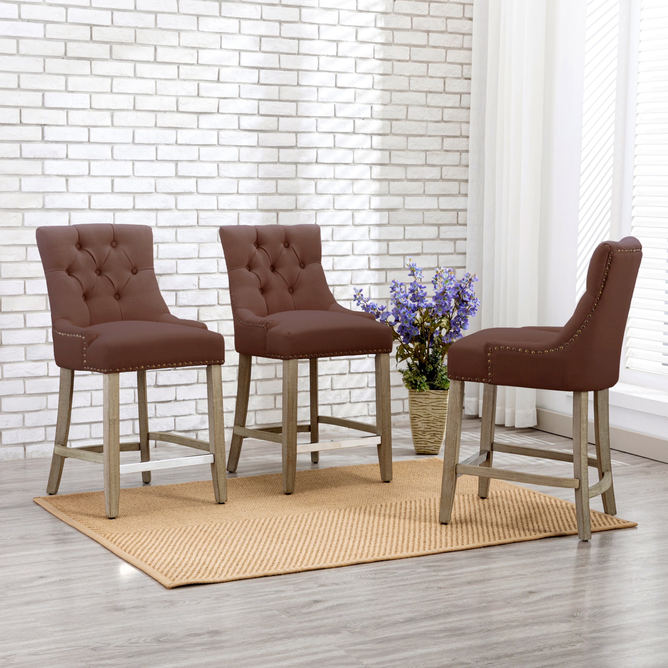 Bellmount 24" Upholstered Wood Bar Stool with Tufted Back (Set of 3)