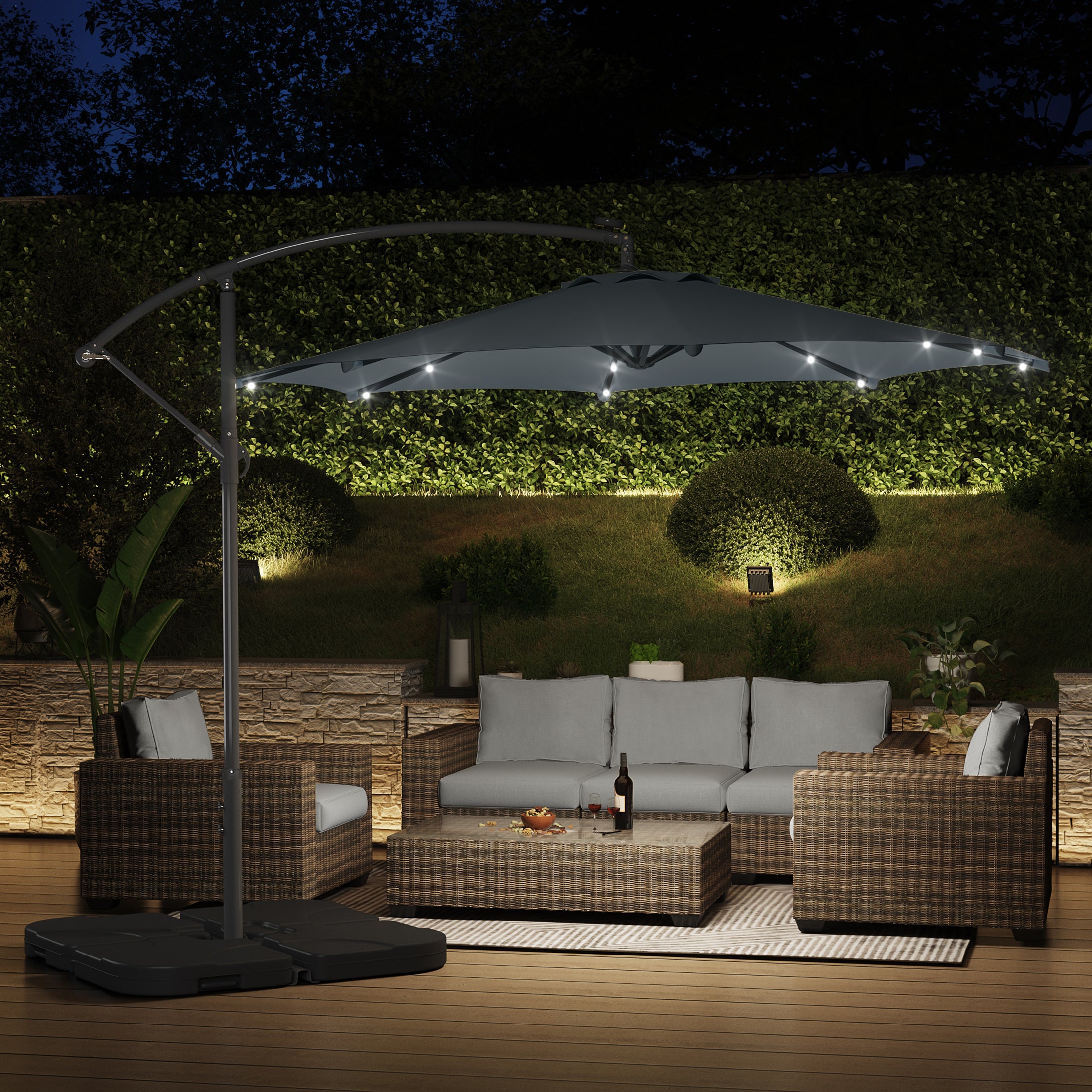 Westlake 10 ft. Outdoor / Paito Cantilever Hanging Umbrella with Solar Power LED lights and 50 lbs concrete weight base kit