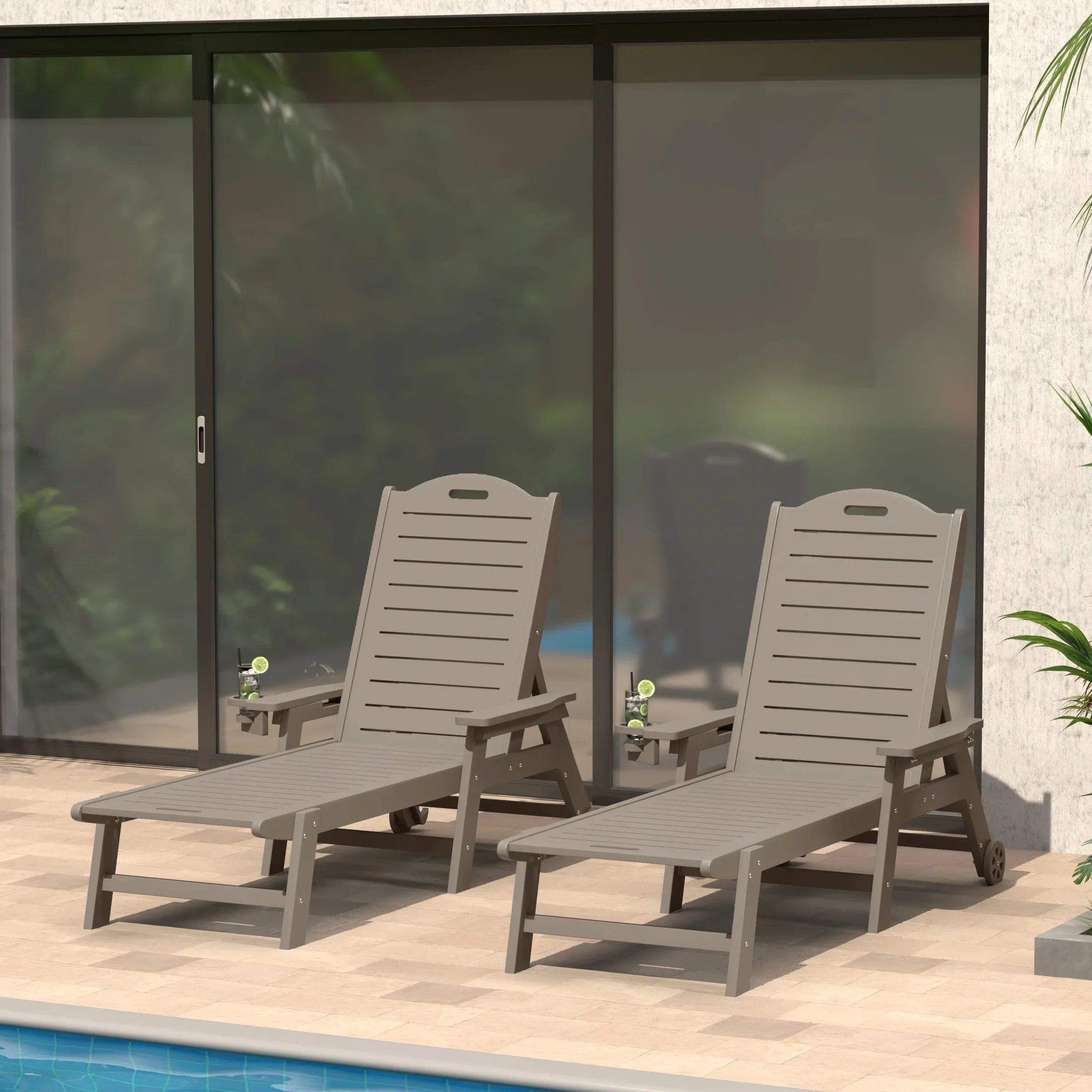 Lago Outdoor HDPE Patio Chaise Lounges With Wheels & Cup Holder (Set of 2)