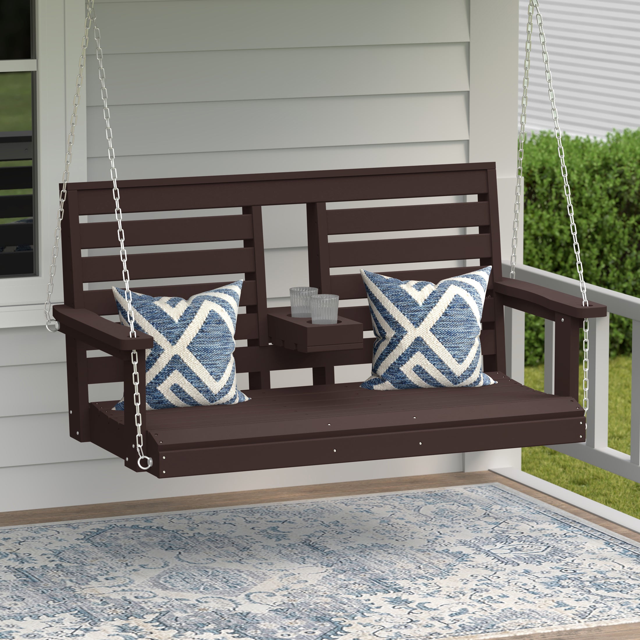 Charleston Outdoor HDPE 54" Front Hanging Porch Swing Bench With Cupholders