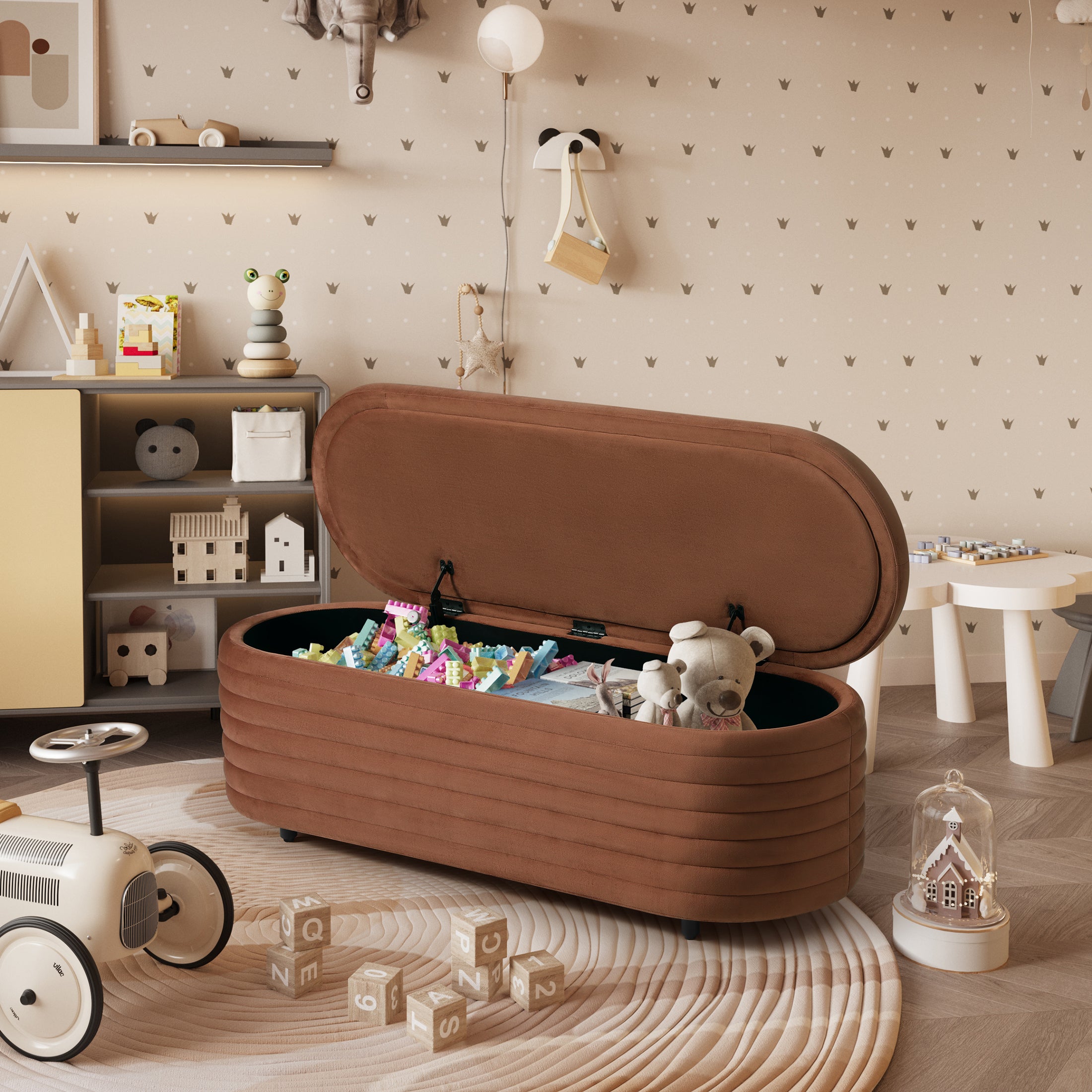 Alaia 54" Wide Mid-Century Modern Upholstered Velvet Tufted Oval Storage Ottoman Bench