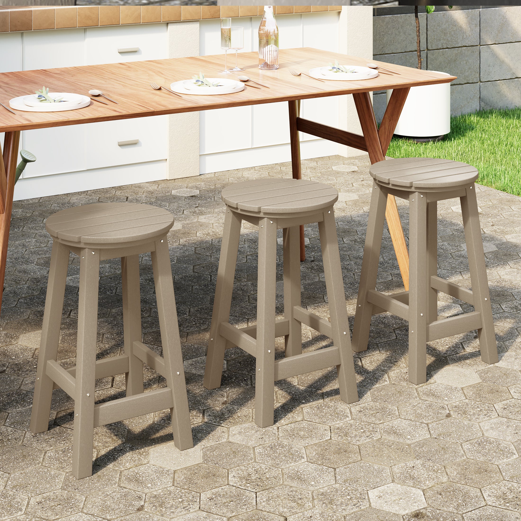 Paradise 24" HDPE Outdoor Patio Round Counter Height Bar Stool Set of 3