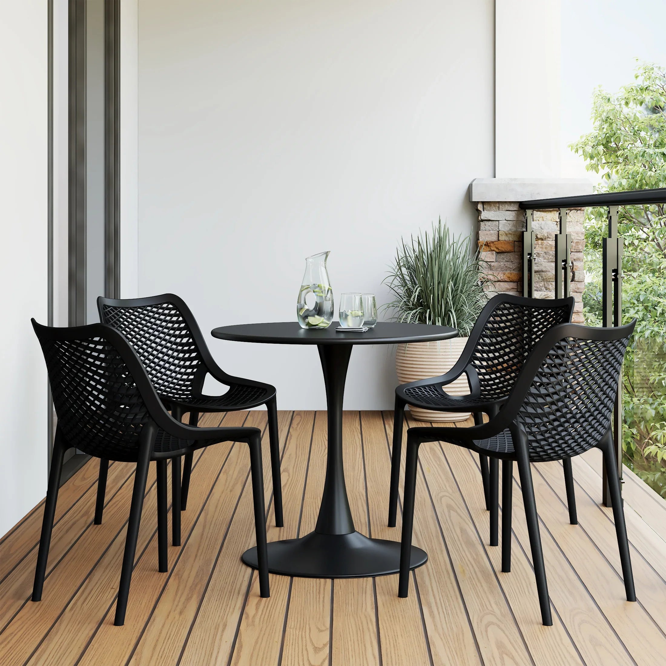 Sunshine 5-Piece Outdoor Indoor Round Metal Dining Table Set And Stackable Resin Patio Dining Side Chairs