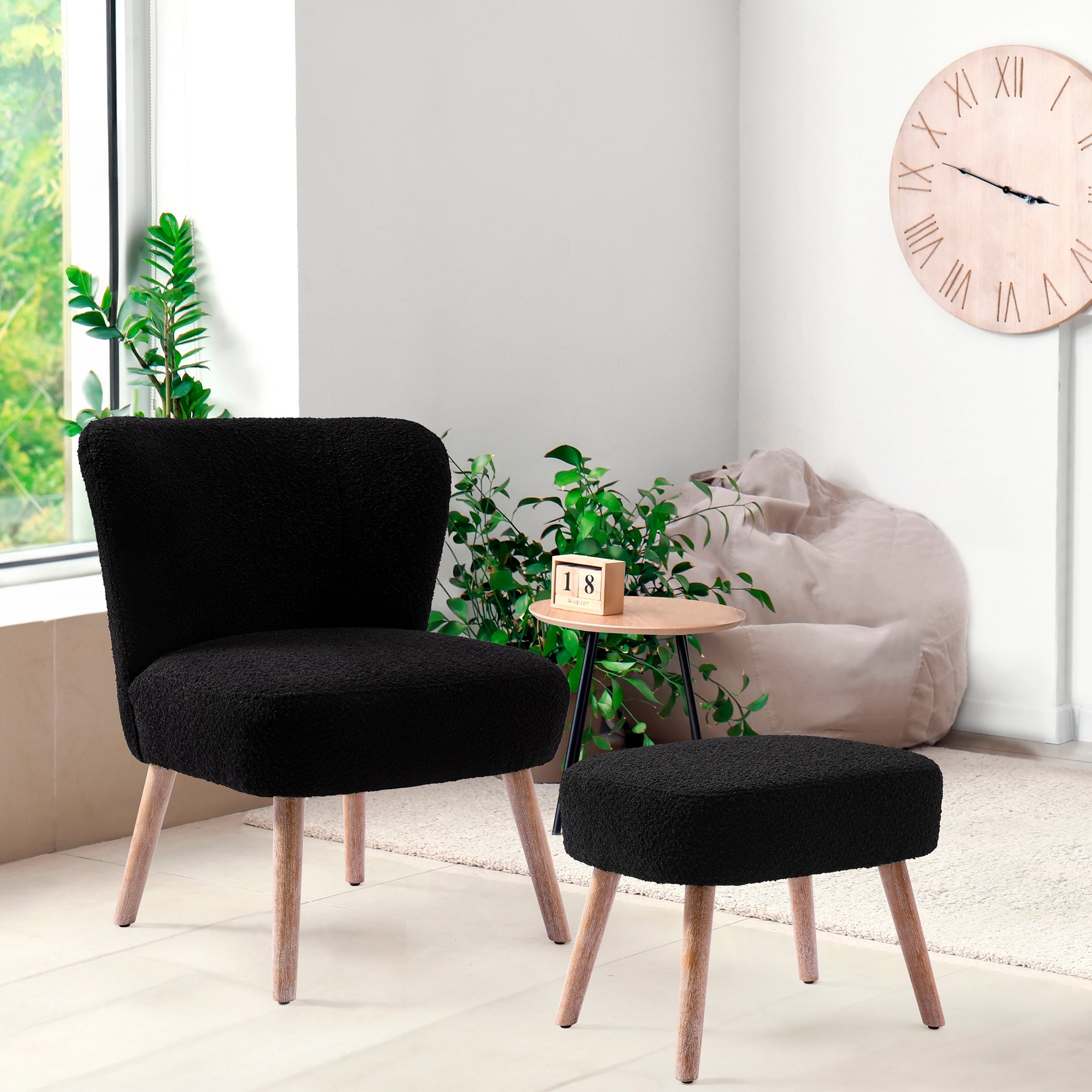 Amélie Mid-Century Boucle Accent Chair with Ottoman Foot Stool Set