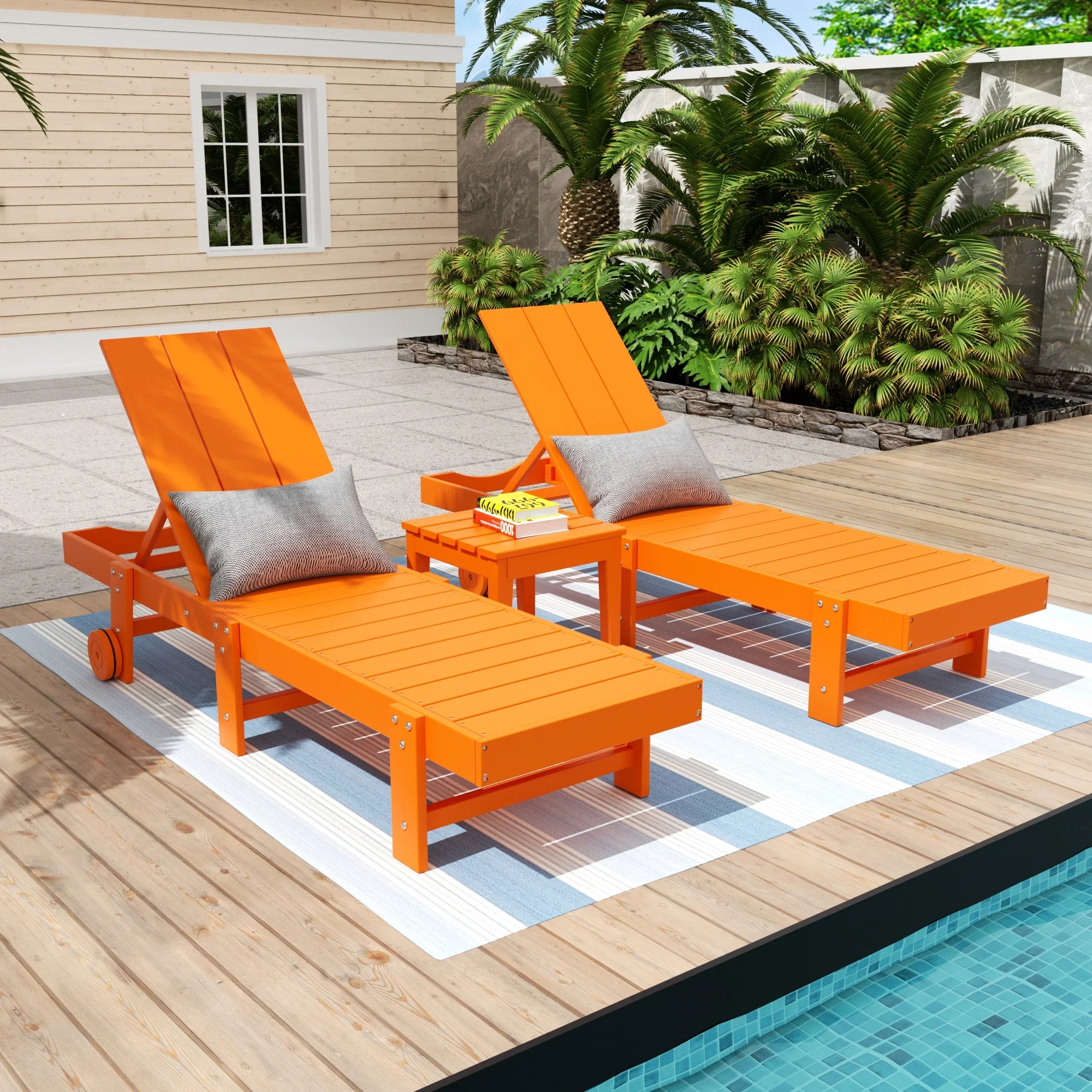 Palms 3 Piece Modern Poly Reclining Chaise Lounge With Wheels