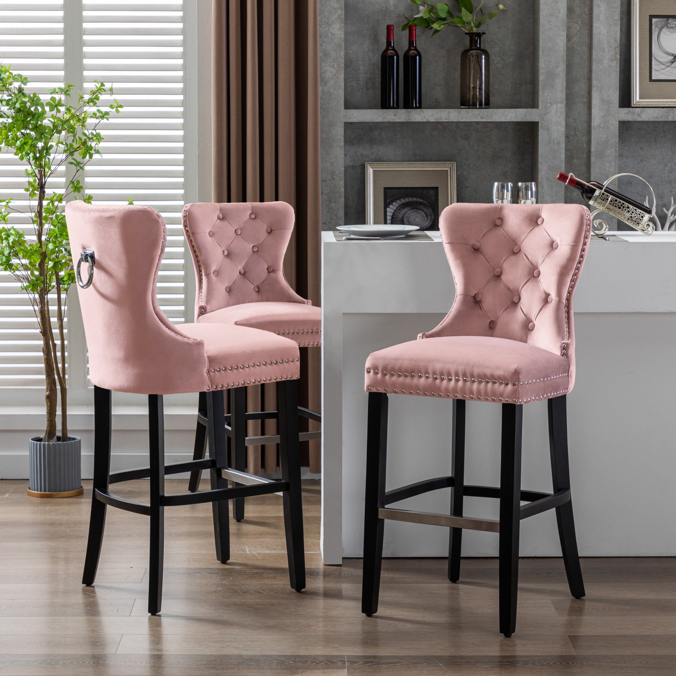 Hank 29" Tufted Velvet Bar Stool (Set of 3), Antique Gray