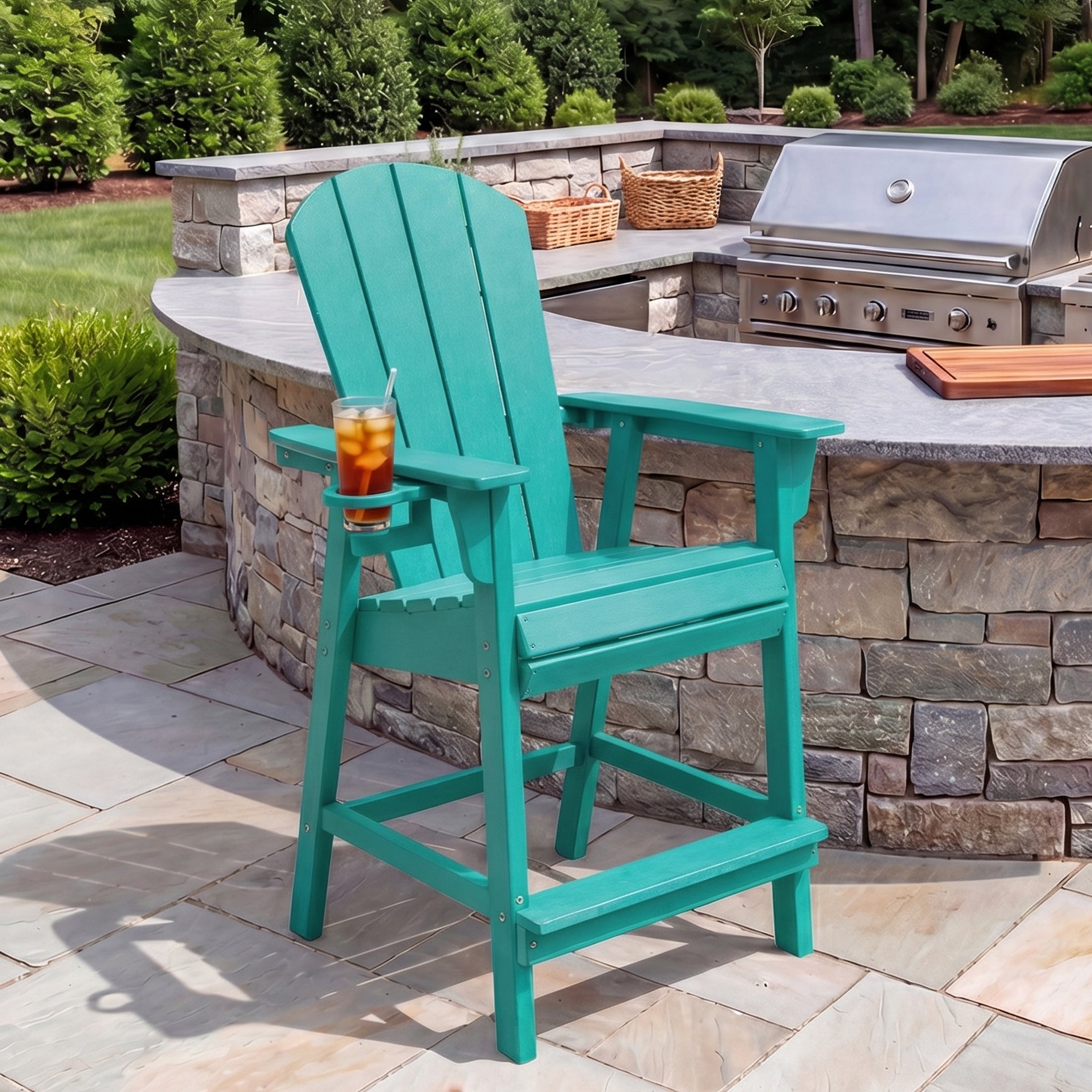 Paradise Outdoor HDPE Tall Adirondack Counter Height Bar Chair With Cup Holder