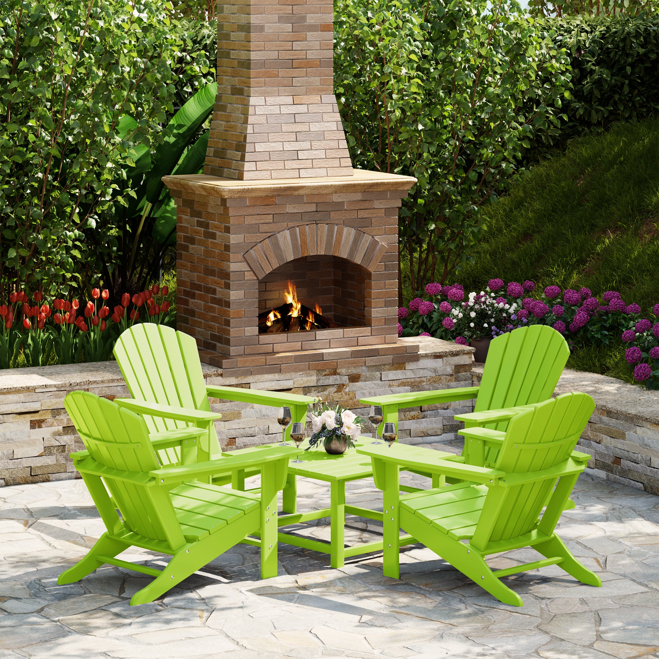 Portside 5-Piece Outdoor Patio HDPE Adirondack Chair With Square Coffee Table Conversation Set