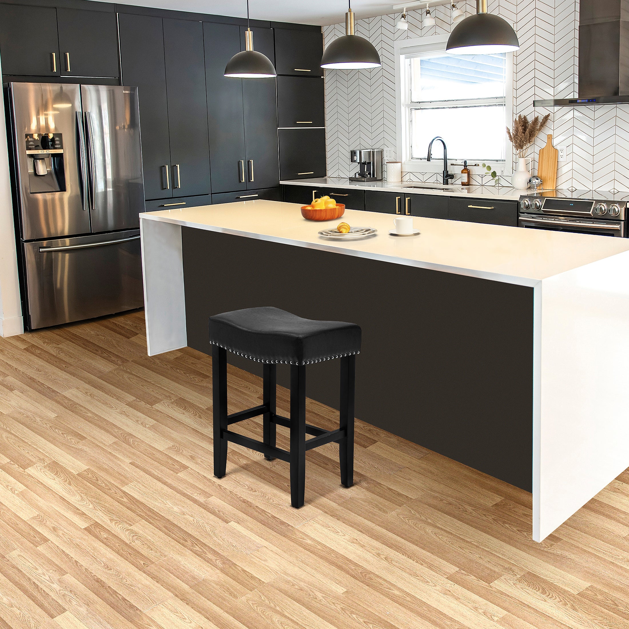 Bulmon 24" upholstered nail head bar counter stool with Black color legs