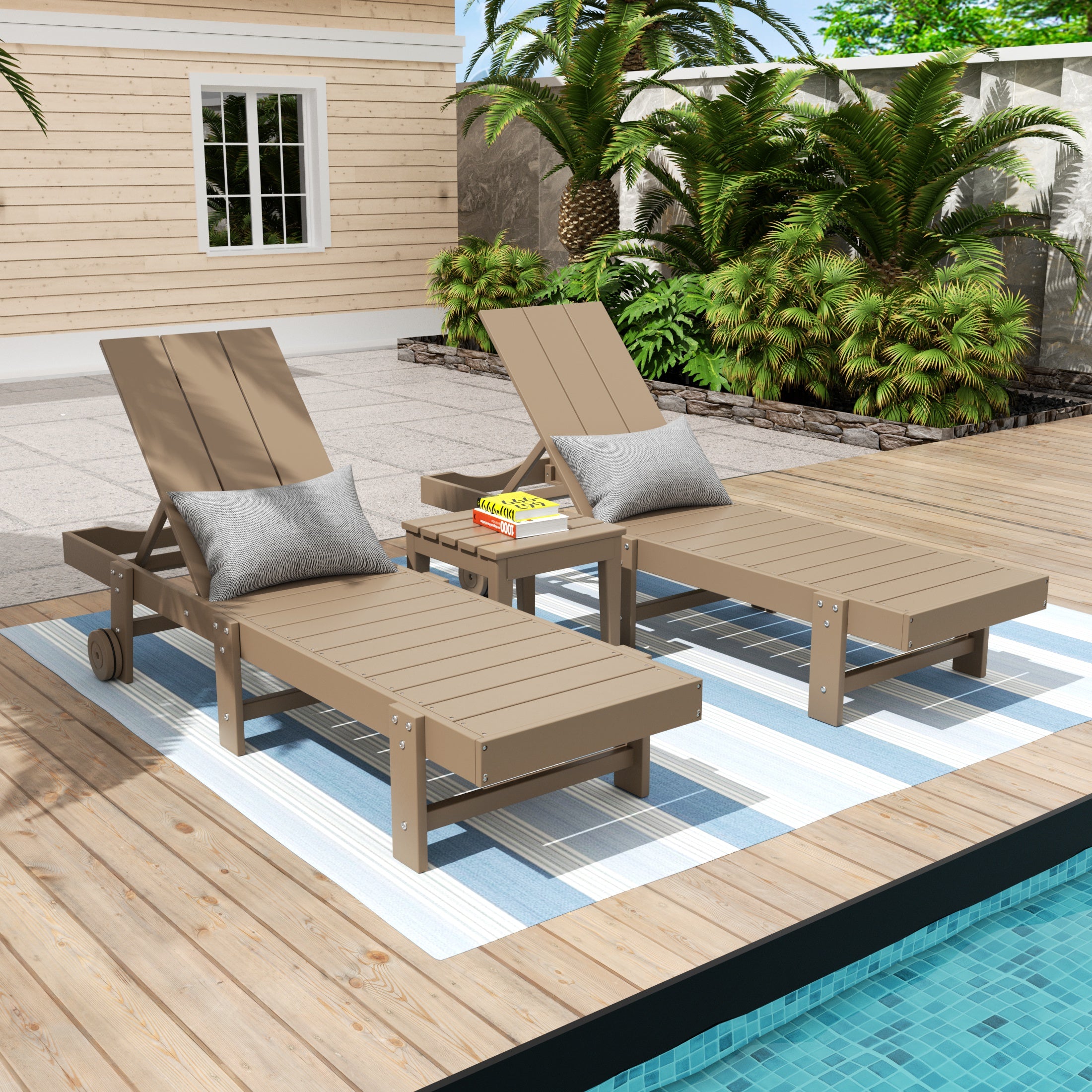 Palms 3 Piece Modern Poly Reclining Chaise Lounge With Wheels