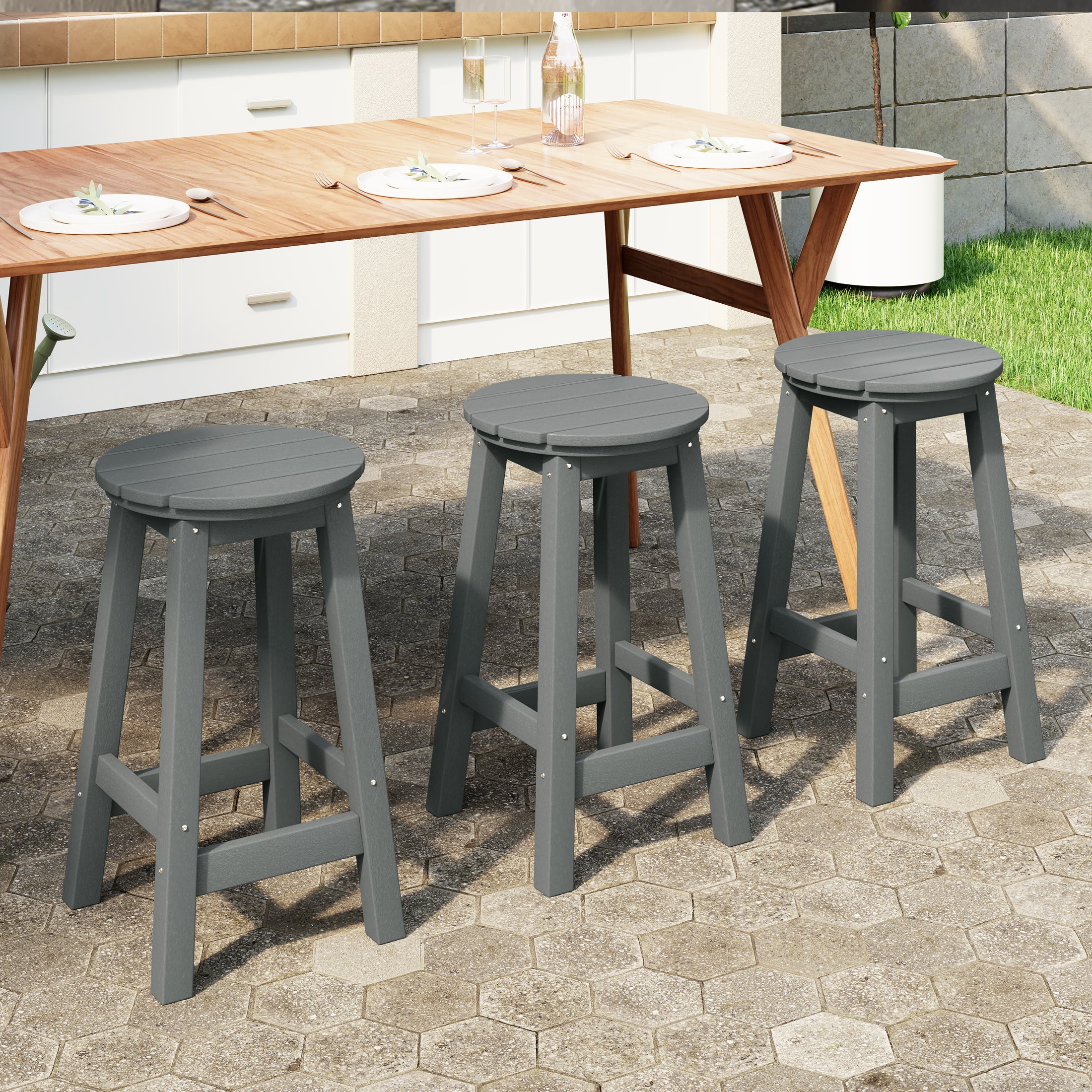 Paradise 24" HDPE Outdoor Patio Round Counter Height Bar Stool Set of 3