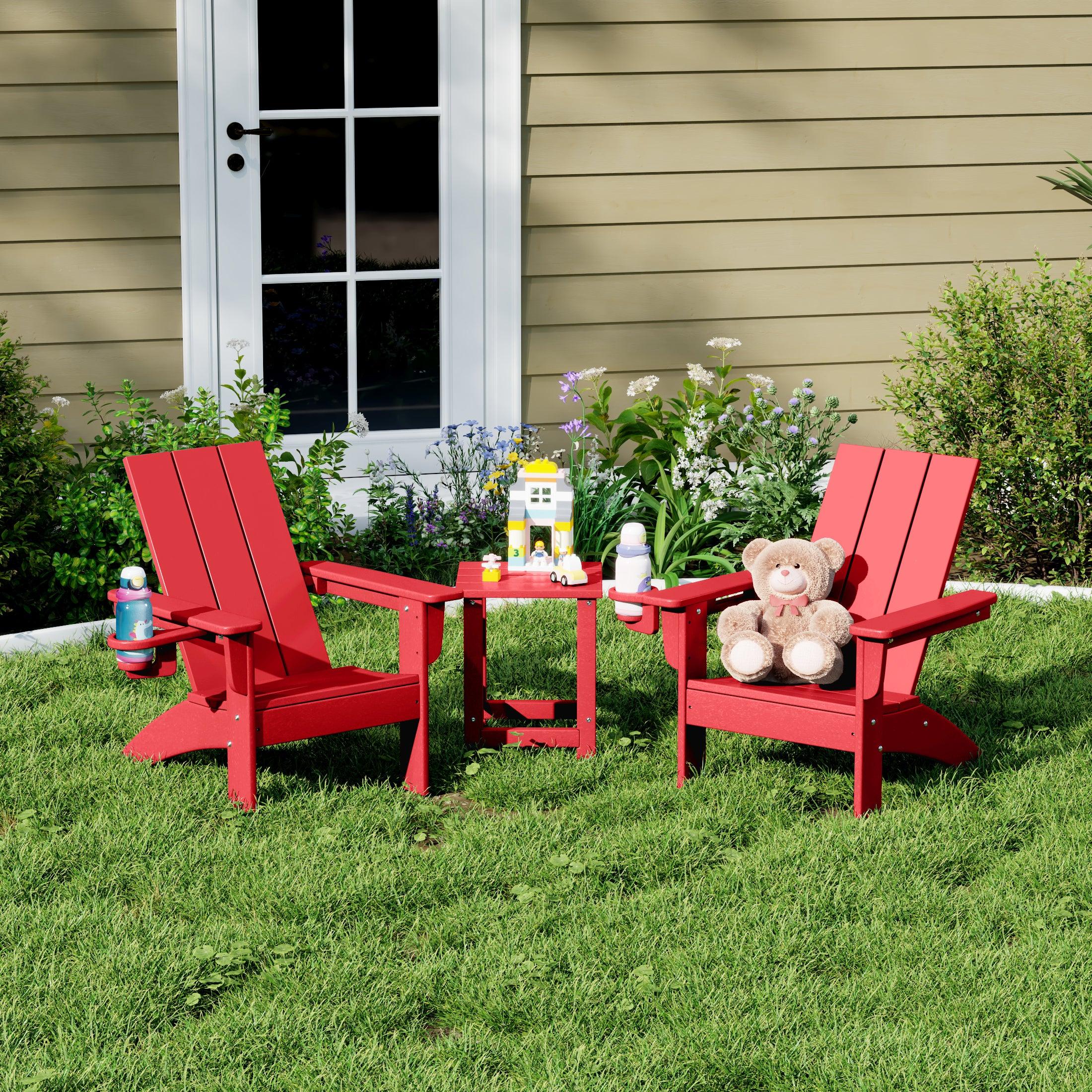 Palms 3-Piece Kids HDPE Modern Adirondack Chairs Set with Square Side Table and Cup Holders