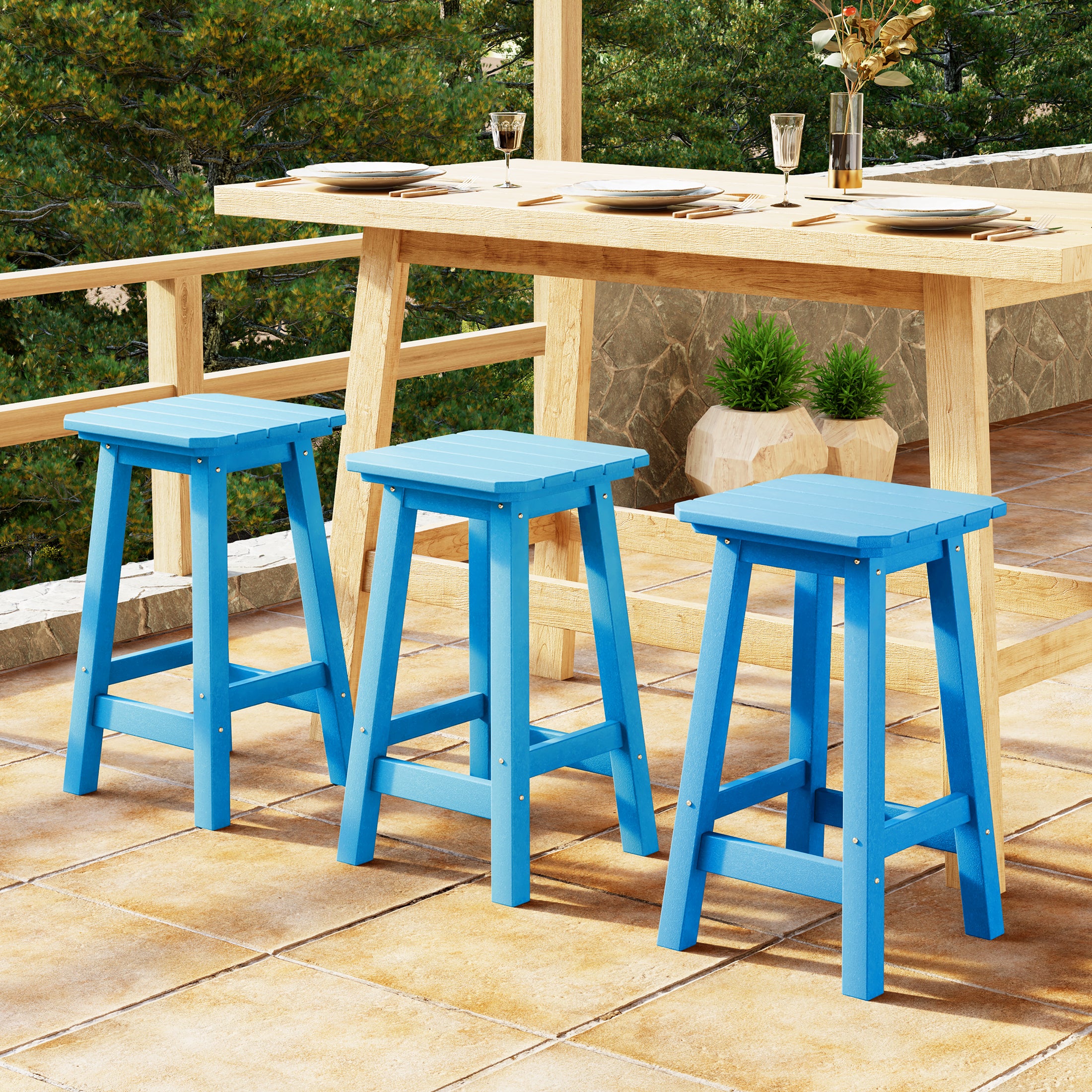 Paradise 24" HDPE Outdoor Patio Counter High Backless Square Bar Stools Set of Three