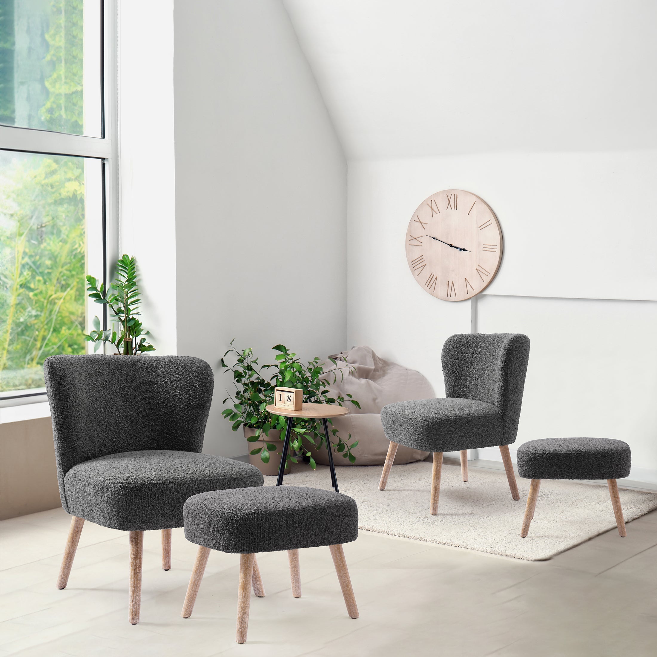 Amélie 4-Piece Set Mid-Century Boucle Accent Chairs with Ottoman Foot Stools