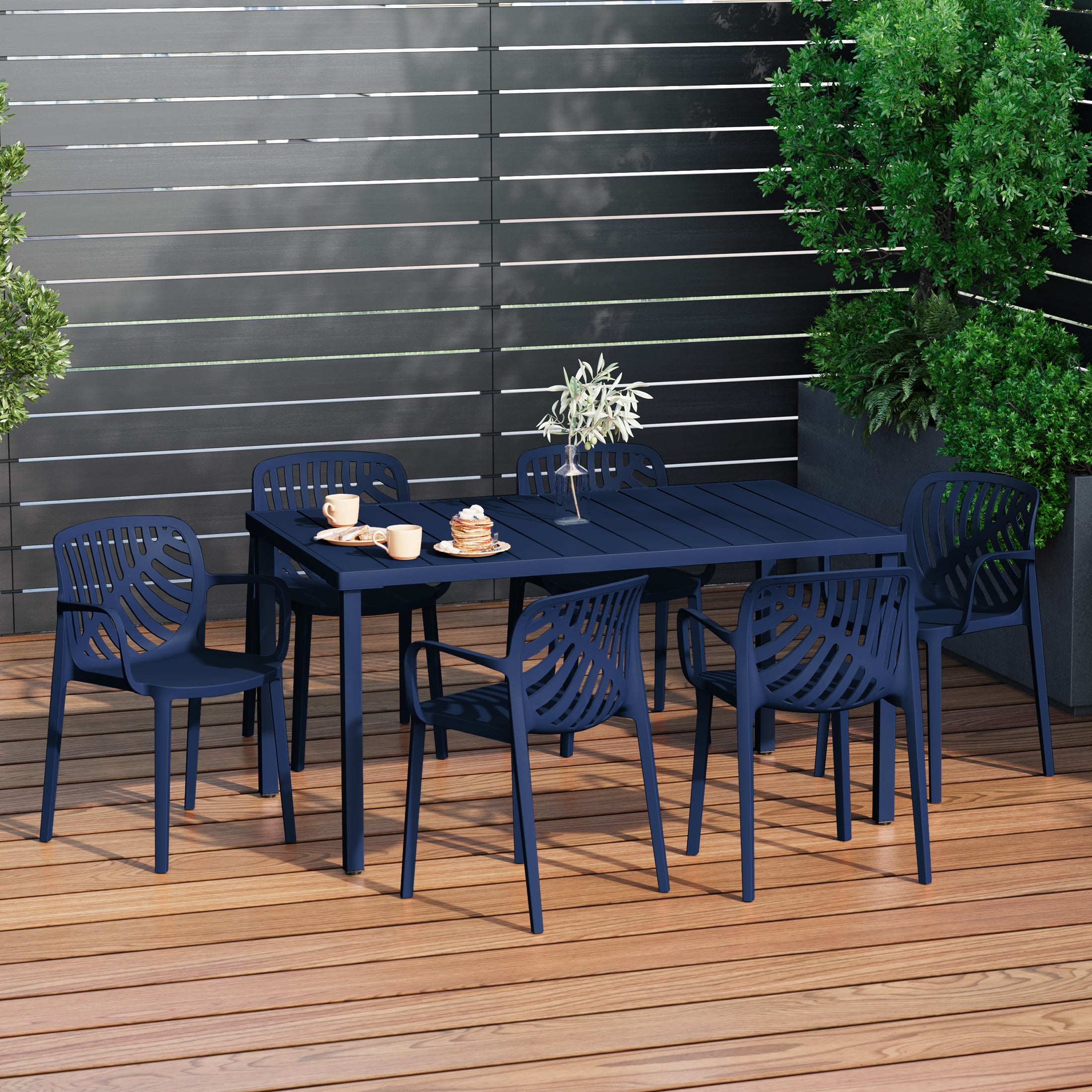 Sunshine 7-Piece Outdoor Metal Rectangle Patio Dining Table Set With Stackable Resin Patio Dining Chairs