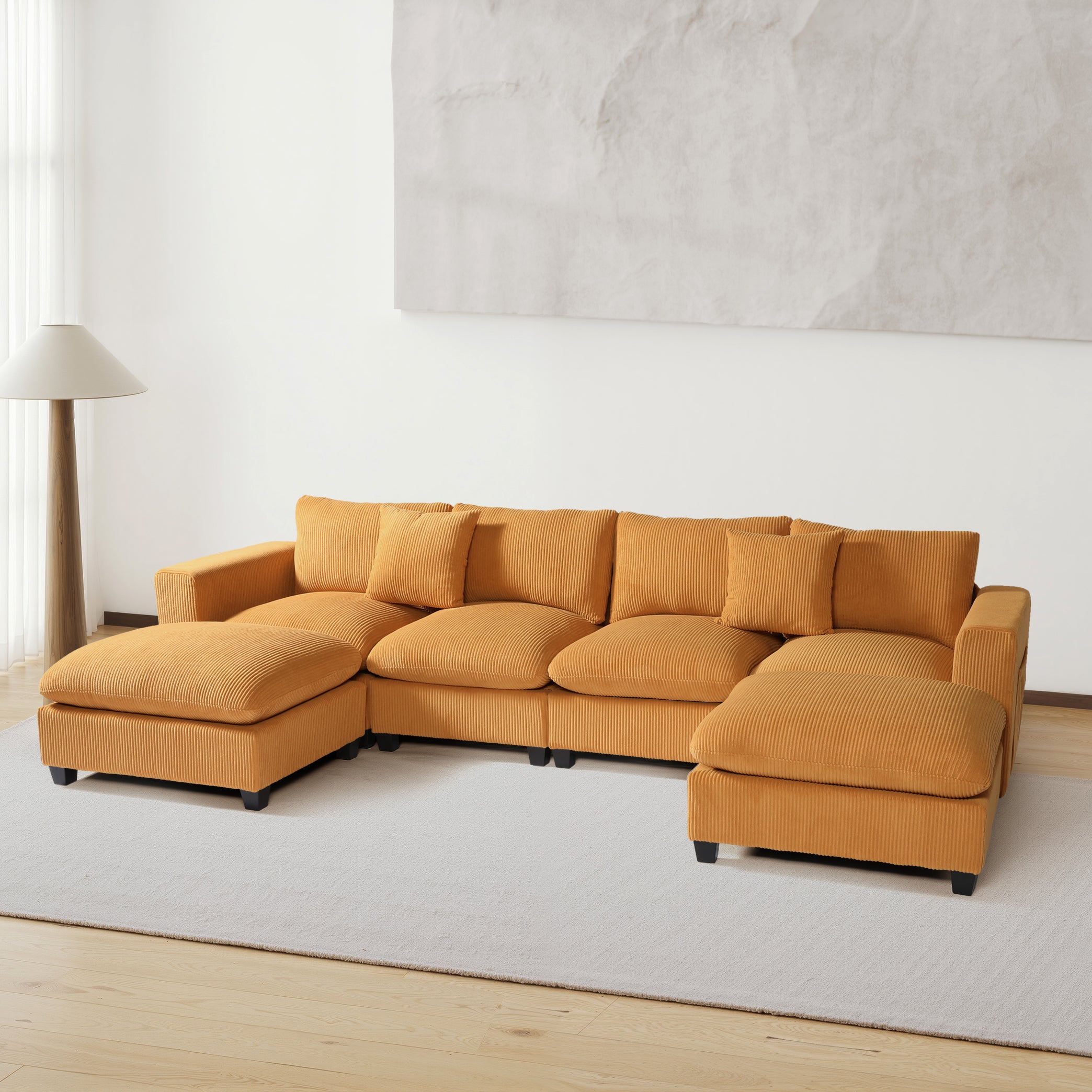 Ava 128" Corduroy Modular U-Shaped Sectional Couch and Chaise With USB/Type-C Ports and Side Pockets