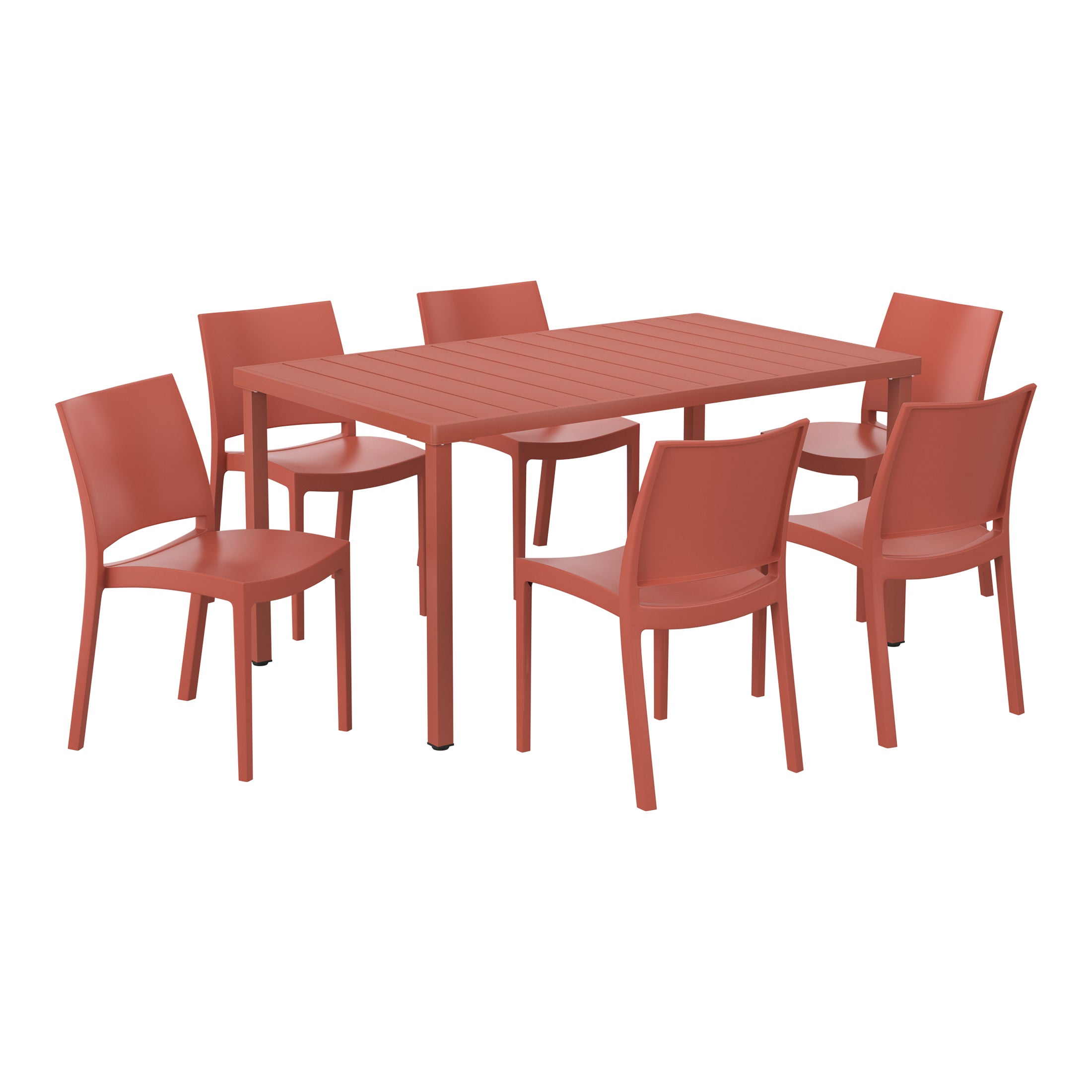 Sunshine 7-Piece Outdoor Rectangular Metal Patio Dining Table Set With Stackable Resin Patio Side Chairs